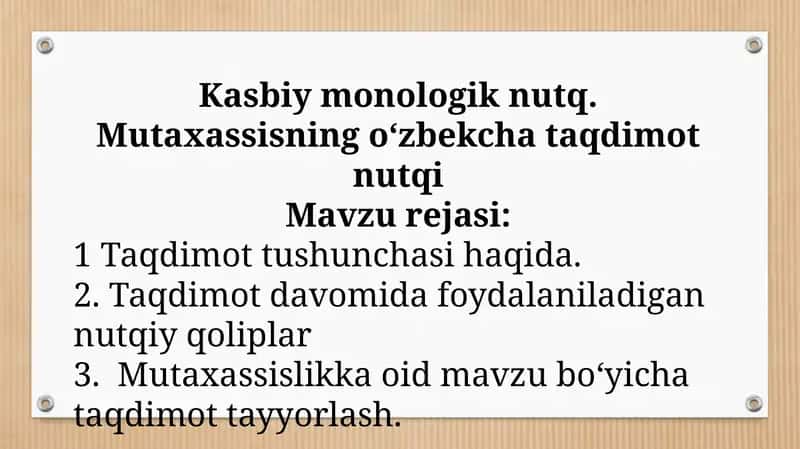 Kasbiy monologik nutq. Mutaxassisning o‘zbekcha taqdimot nutqi 1