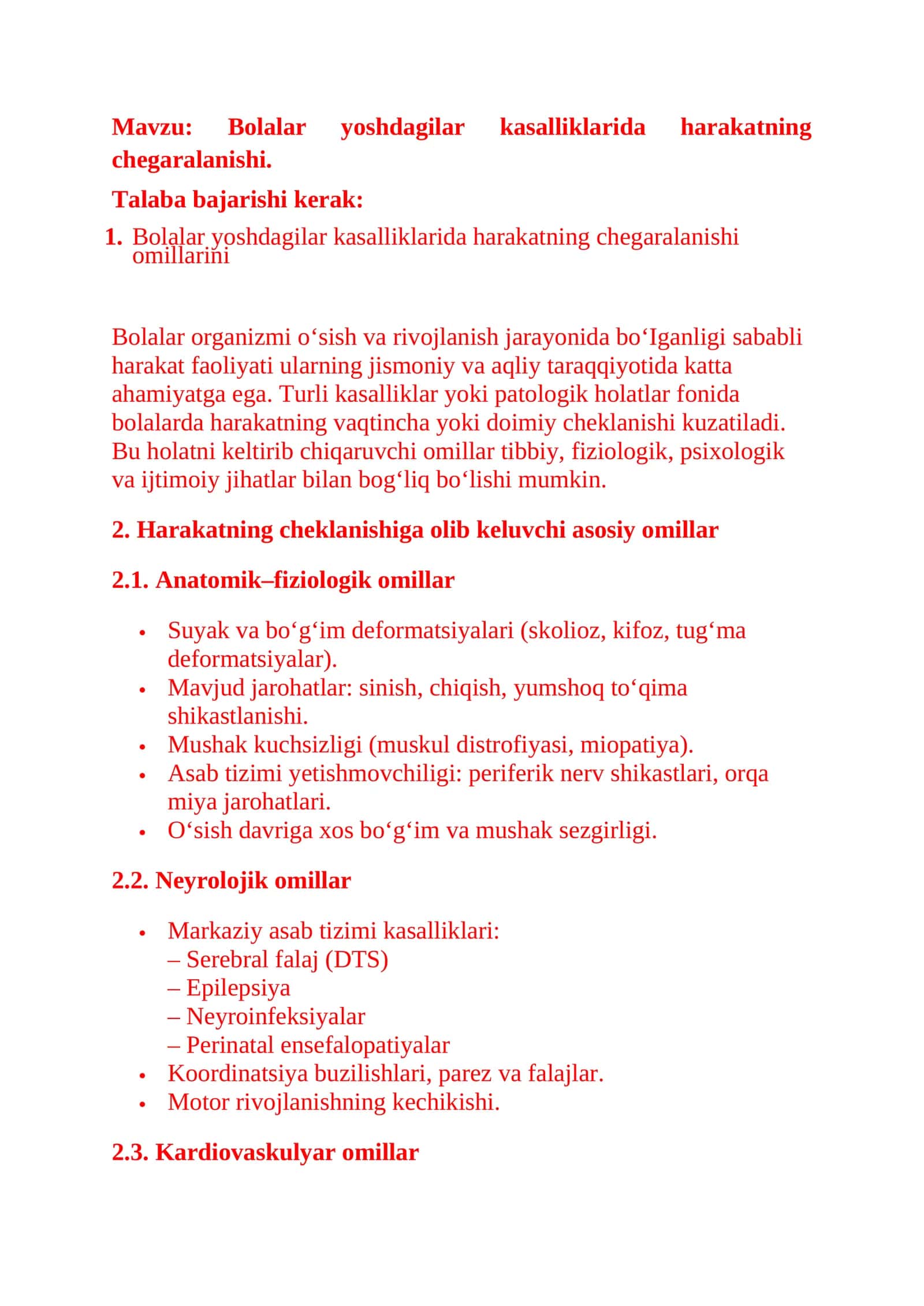 Bolalar yoshdagilar kasalliklarida harakatning chegaralanishi 1