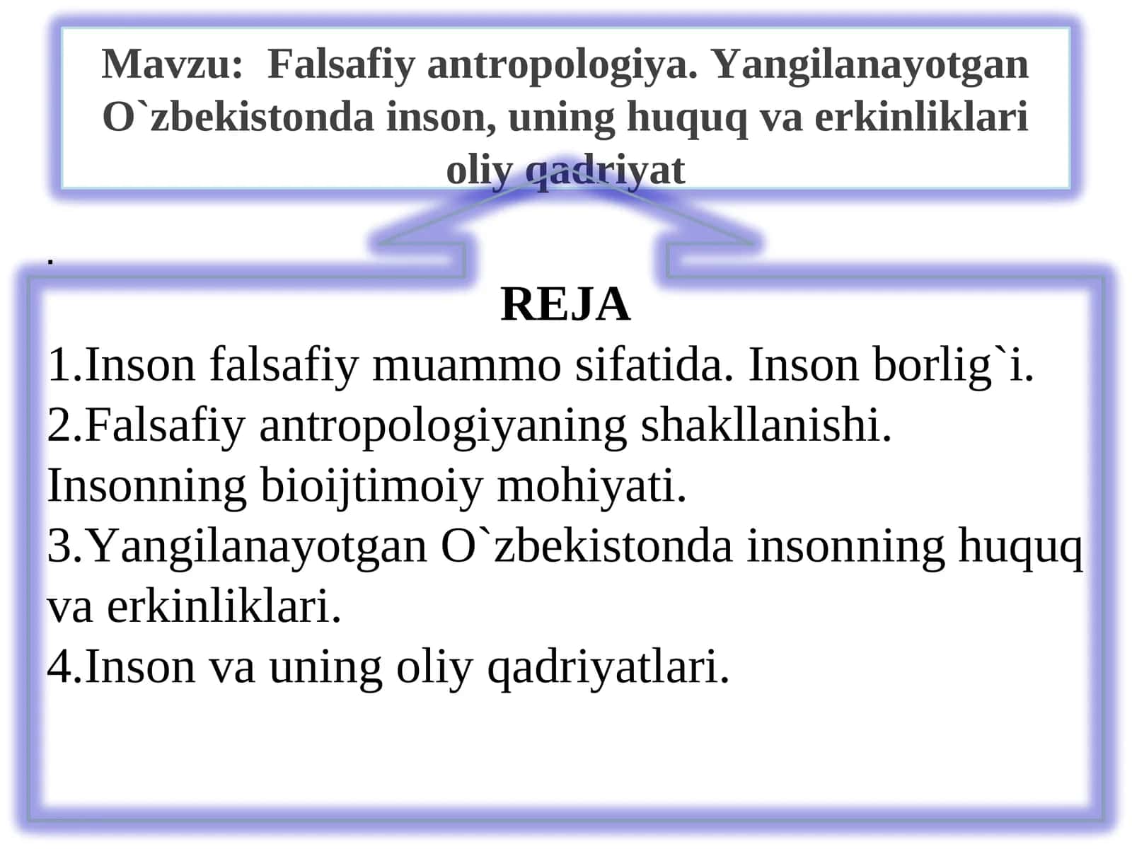 Falsafiy antropologiya. Yangilanayotgan O`zbekistonda inson, uning huquq va erkinliklari oliy qadriyat 1