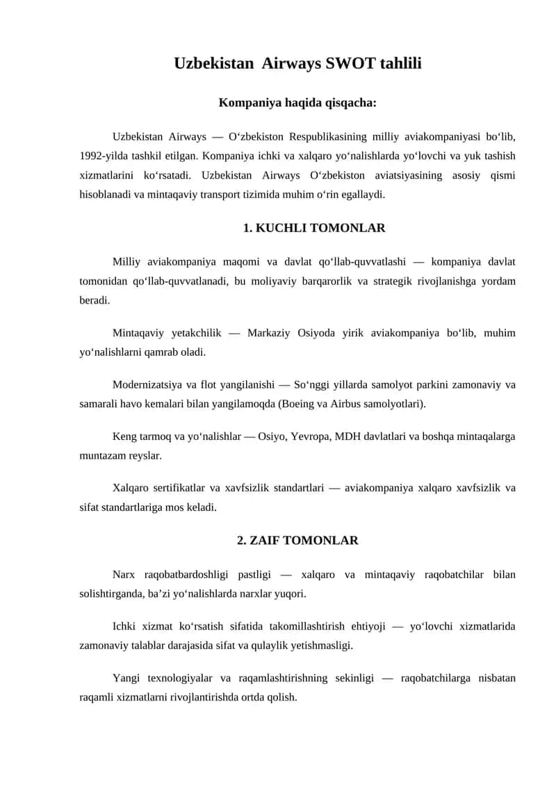 Uzbekistan Airways SWOT tahlili 1