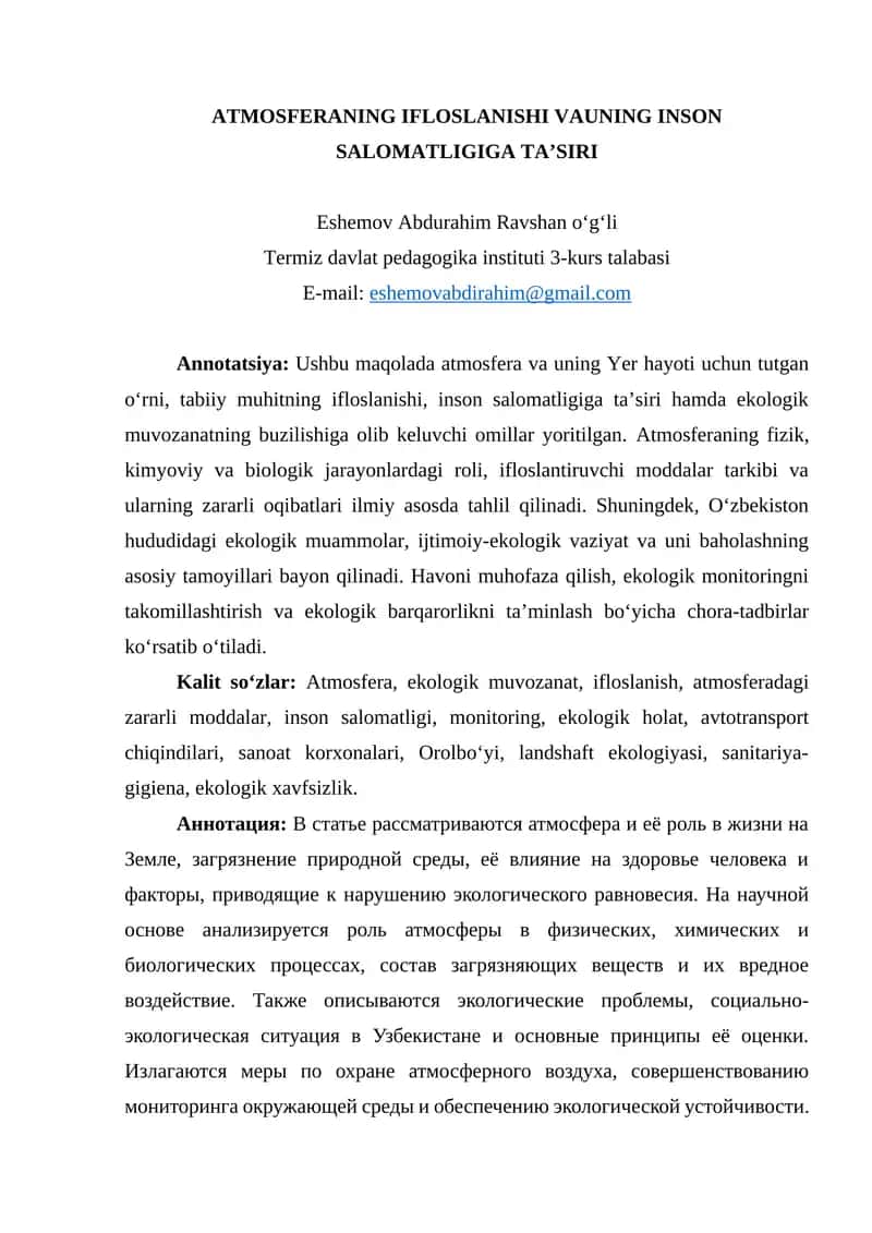 ATMOSFERANING IFLOSLANISHI VAUNING INSON SALOMATLIGIGA TASIRI 1