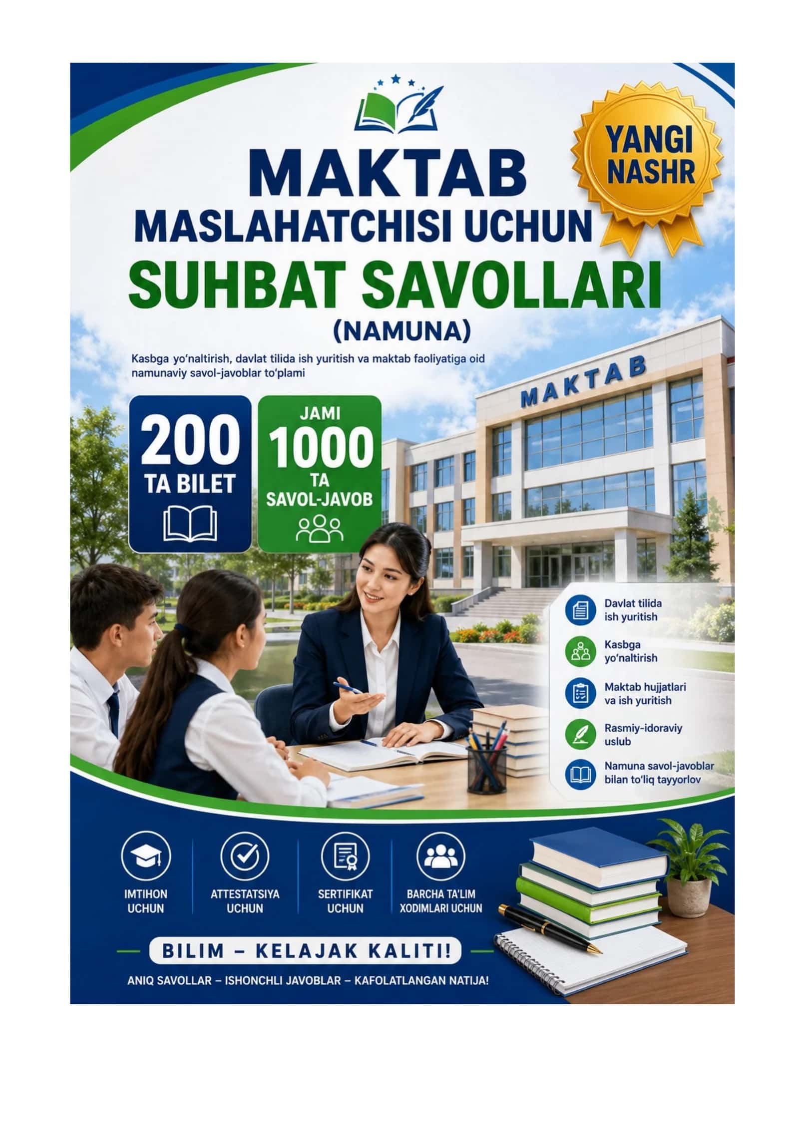 Maktab maslaxatchisi 1000 ta test javoblari bilan 1