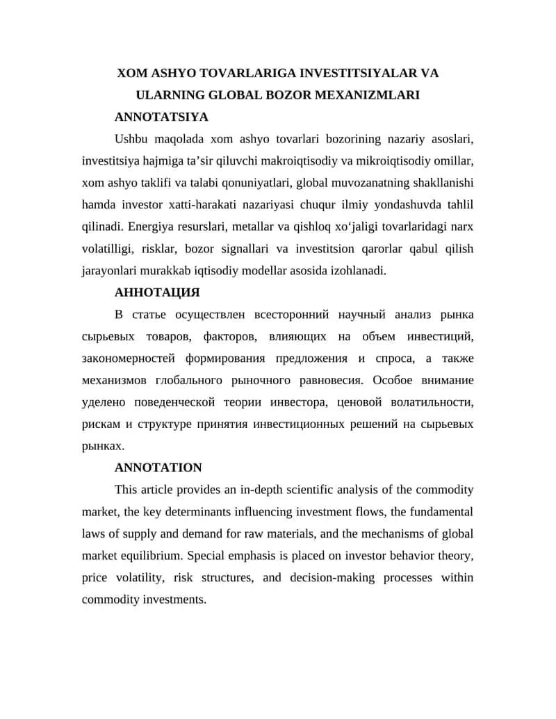 Xom ashyo tovarlariga investitsiyalar va ularning global bozor mexanizmlari 1