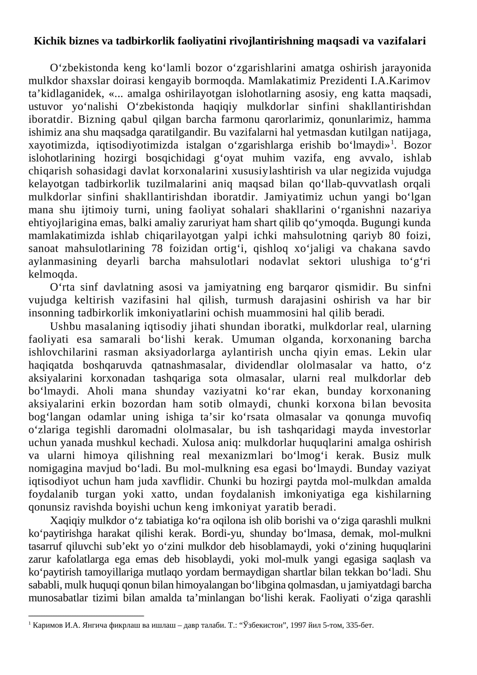 Kichik biznes va tadbirkorlik faoliyatini rivojlantirishning maqsadi va vazifalari 1