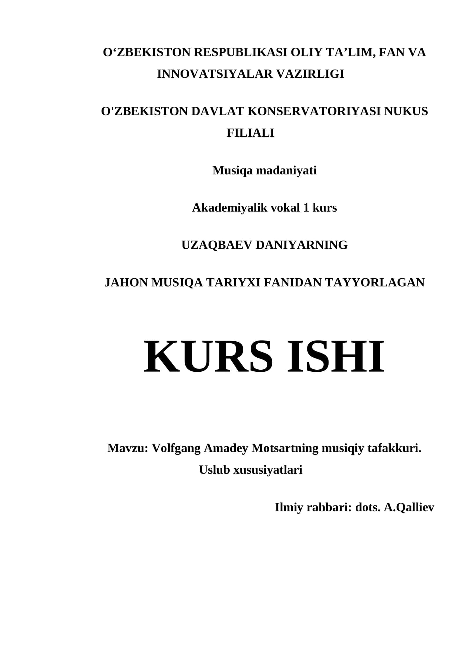 VOLFGANG AMADEY MOTSARTNING MUSIQIY TAFAKKURI. USLUB XUSUSIYATLARI 1