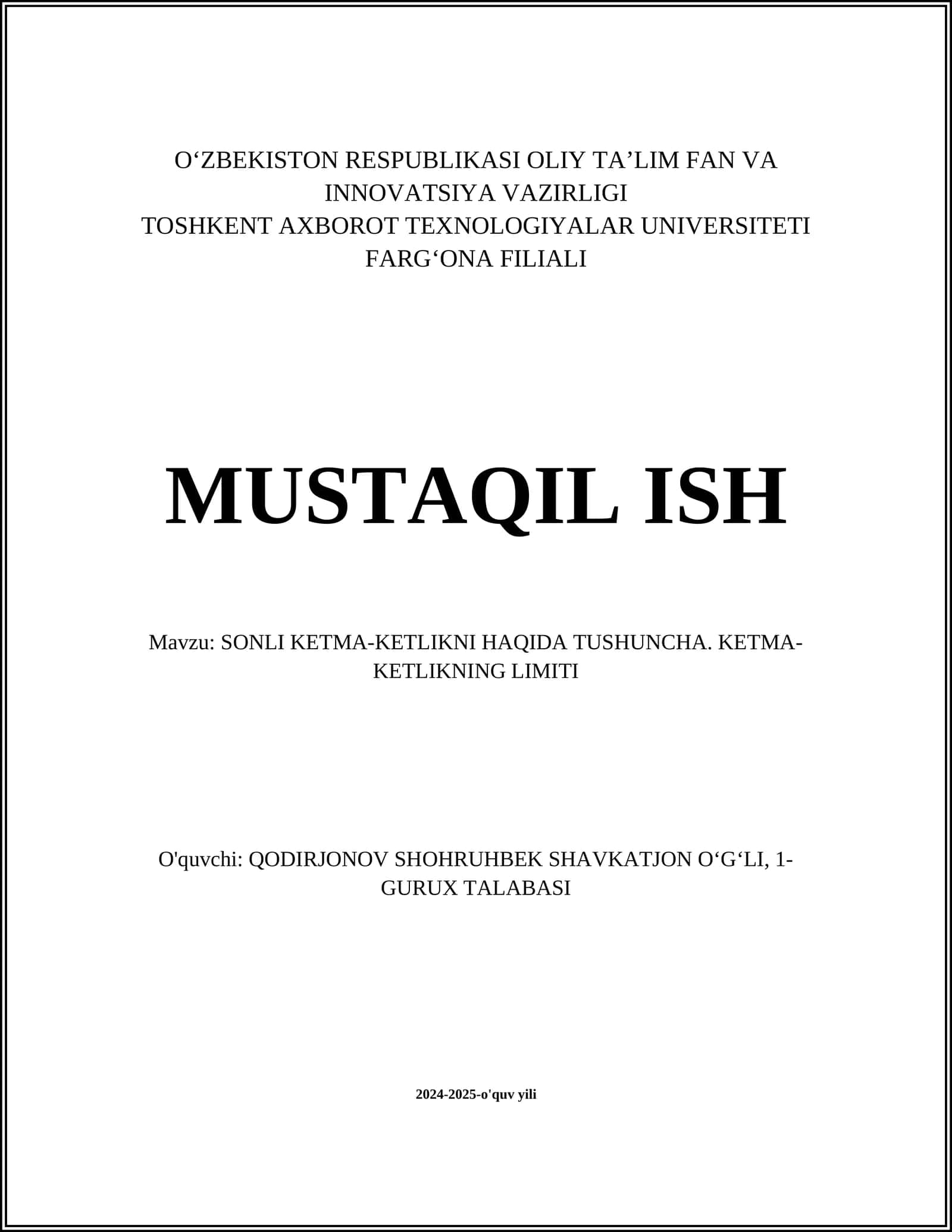 SONLI KETMA-KETLIKNI HAQIDA TUSHUNCHA. KETMA-KETLIKNING LIMITI 1