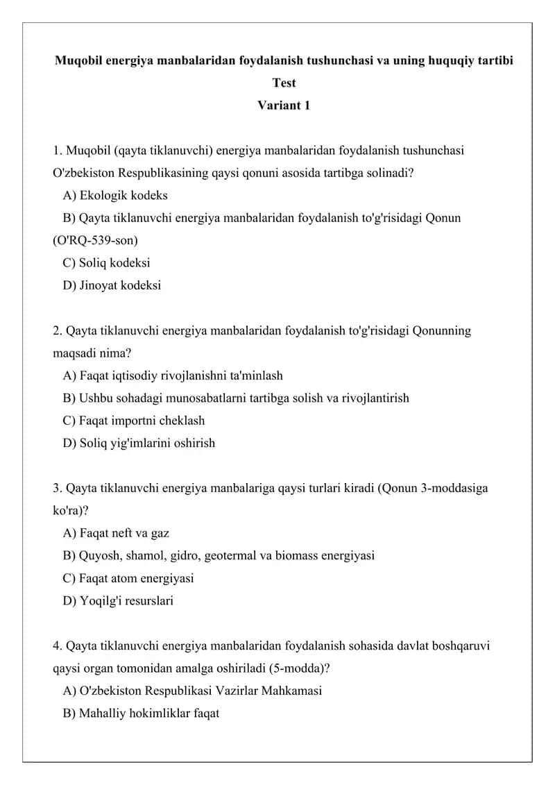 Qayta tiklanuvchi energiya manbalaridan foydalanish tushunchasi va uning huquqiy tartibi 1
