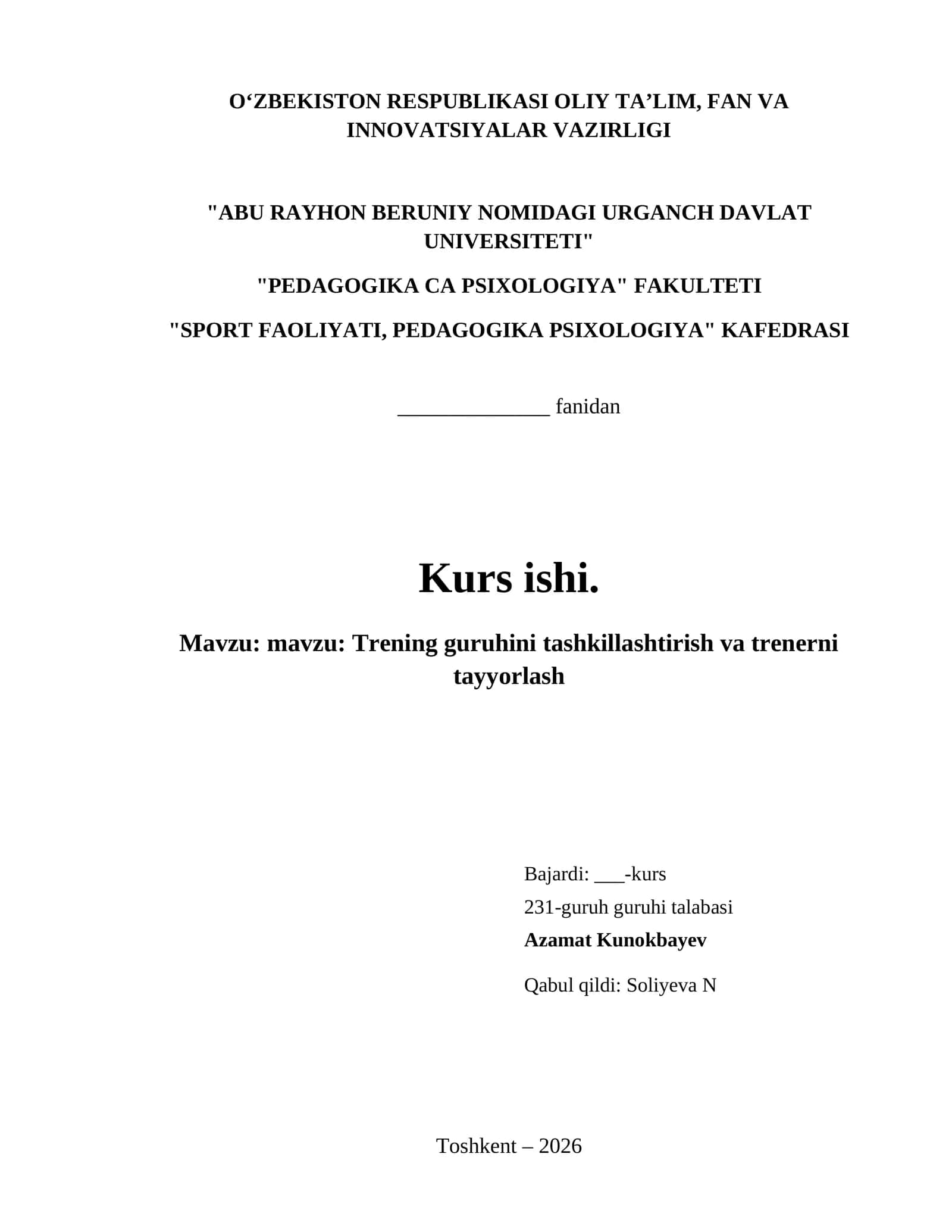 mavzu: Trening guruhini tashkillashtirish va trenerni tayyorlash 1