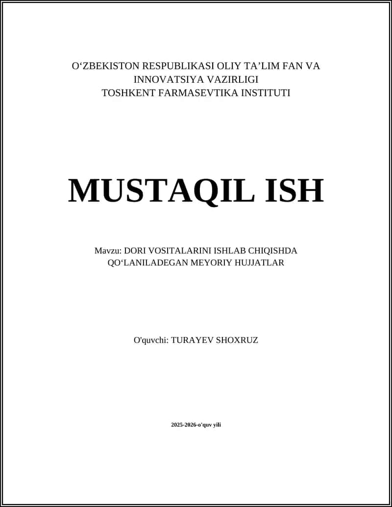 Dori Vositalarini Ishlab Chiqishda Qoʻlaniladegan Meyoriy Hujjatlar 1