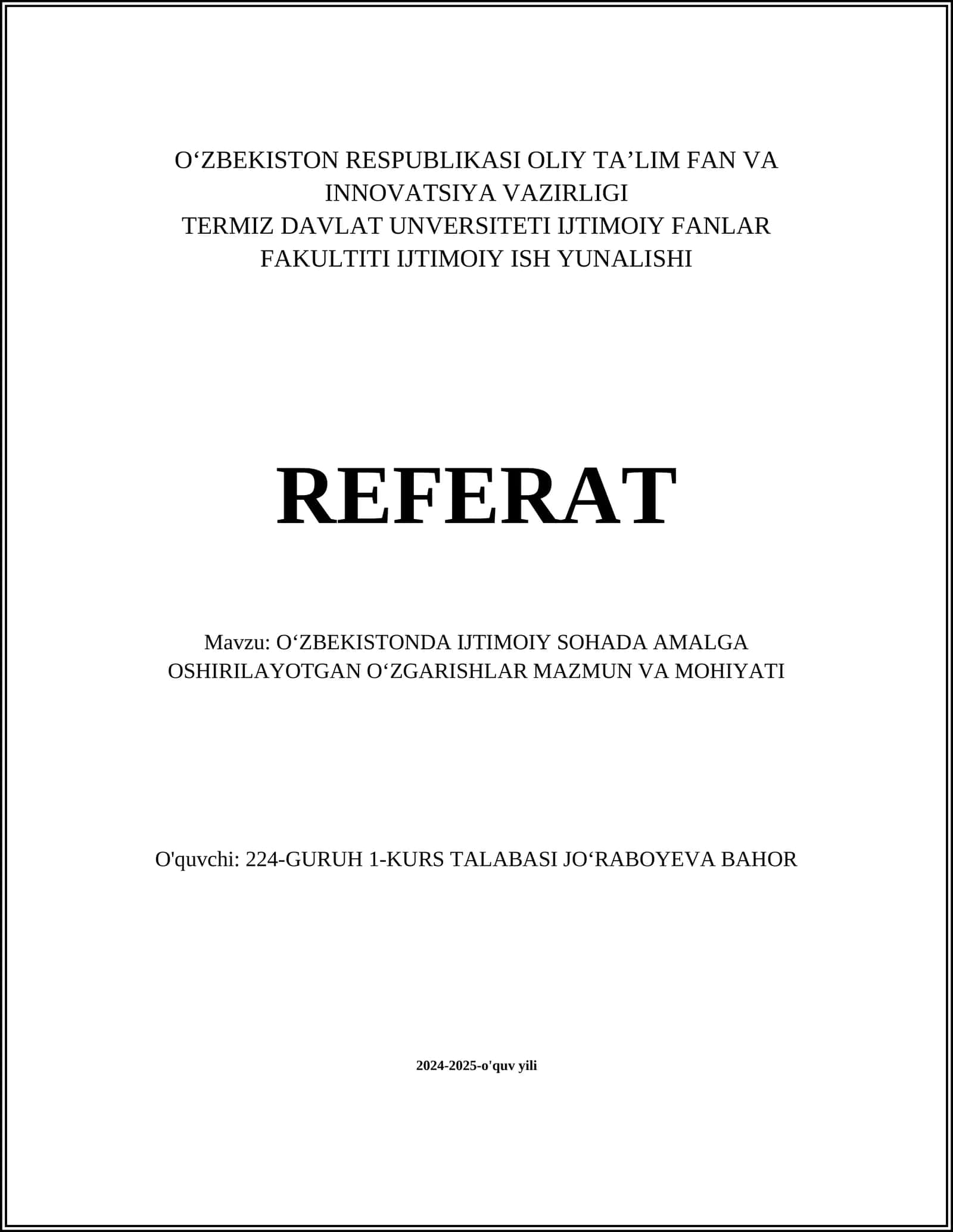 OʻZBEKISTONDA IJTIMOIY SOHADA AMALGA OSHIRILAYOTGAN OʻZGARISHLAR MAZMUN VA MOHIYATI 1