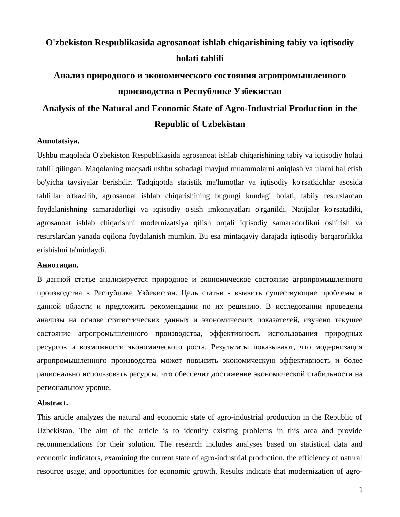 O'zbekiston Respublikasida agrosanoat ishlab chiqarishining tabiy va iqtisodiy holati tahlili 1