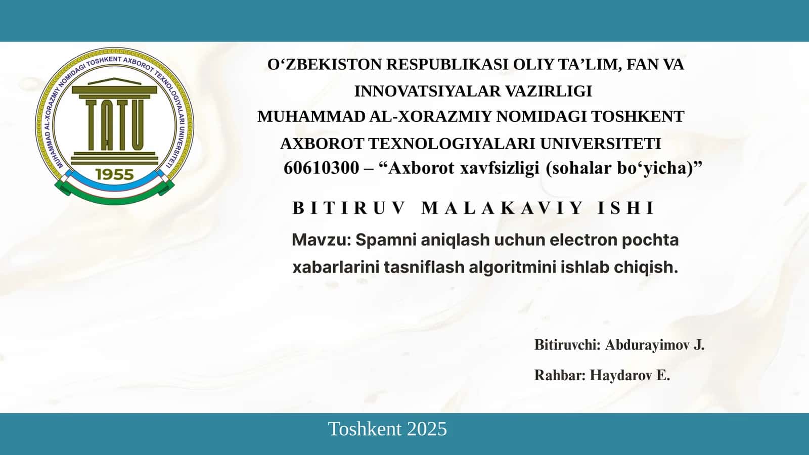 Spamni aniqlash uchun electron pochta xabarlarini tasniflash algoritmini ishlab chiqish 1