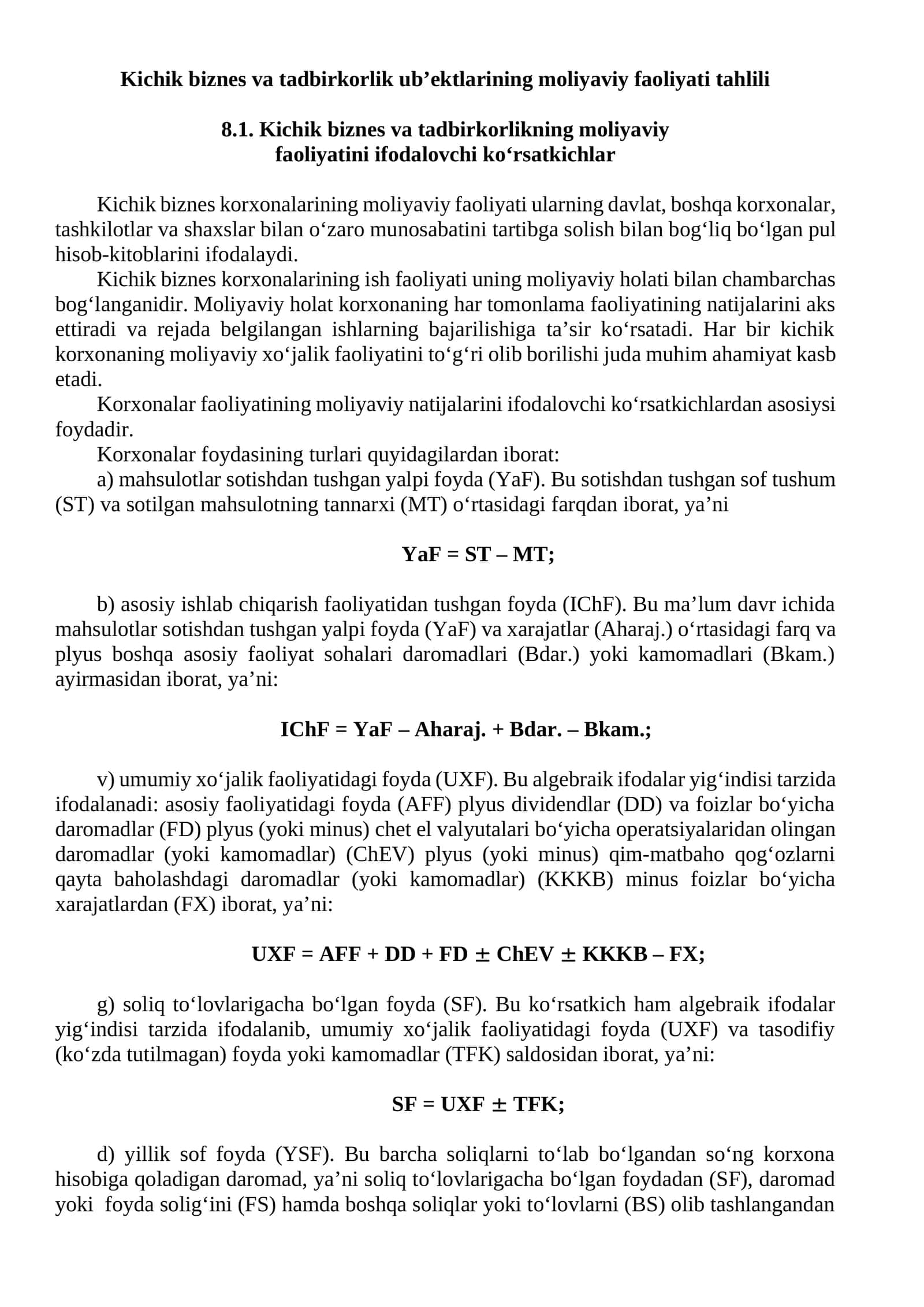 Kichik biznes va tadbirkorlik sub’ektlarining moliyaviy faoliyati tahlili 1