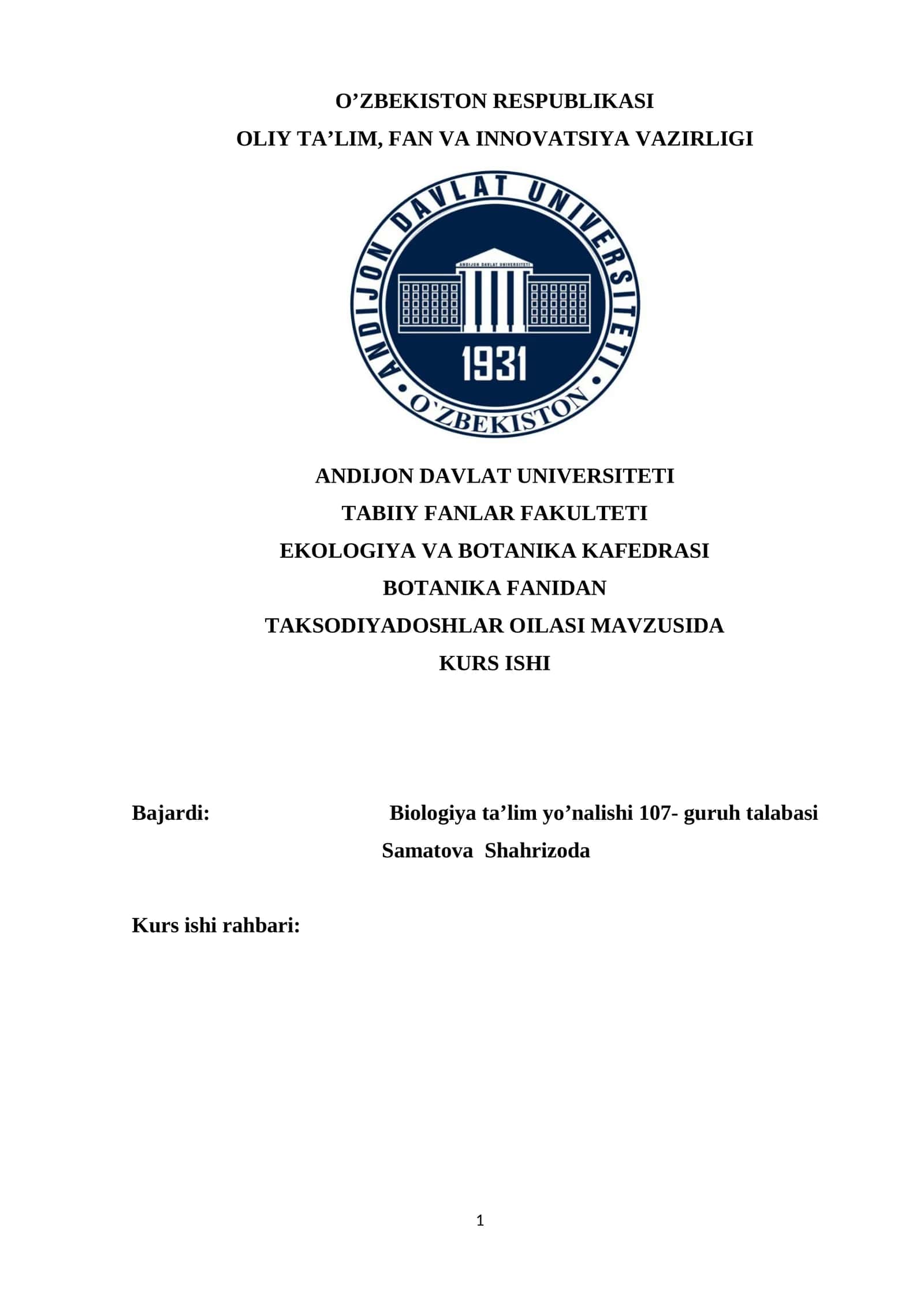 TAKSODIYADOSHLAR OILASI MAVZUSIDA KURS ISHI 1