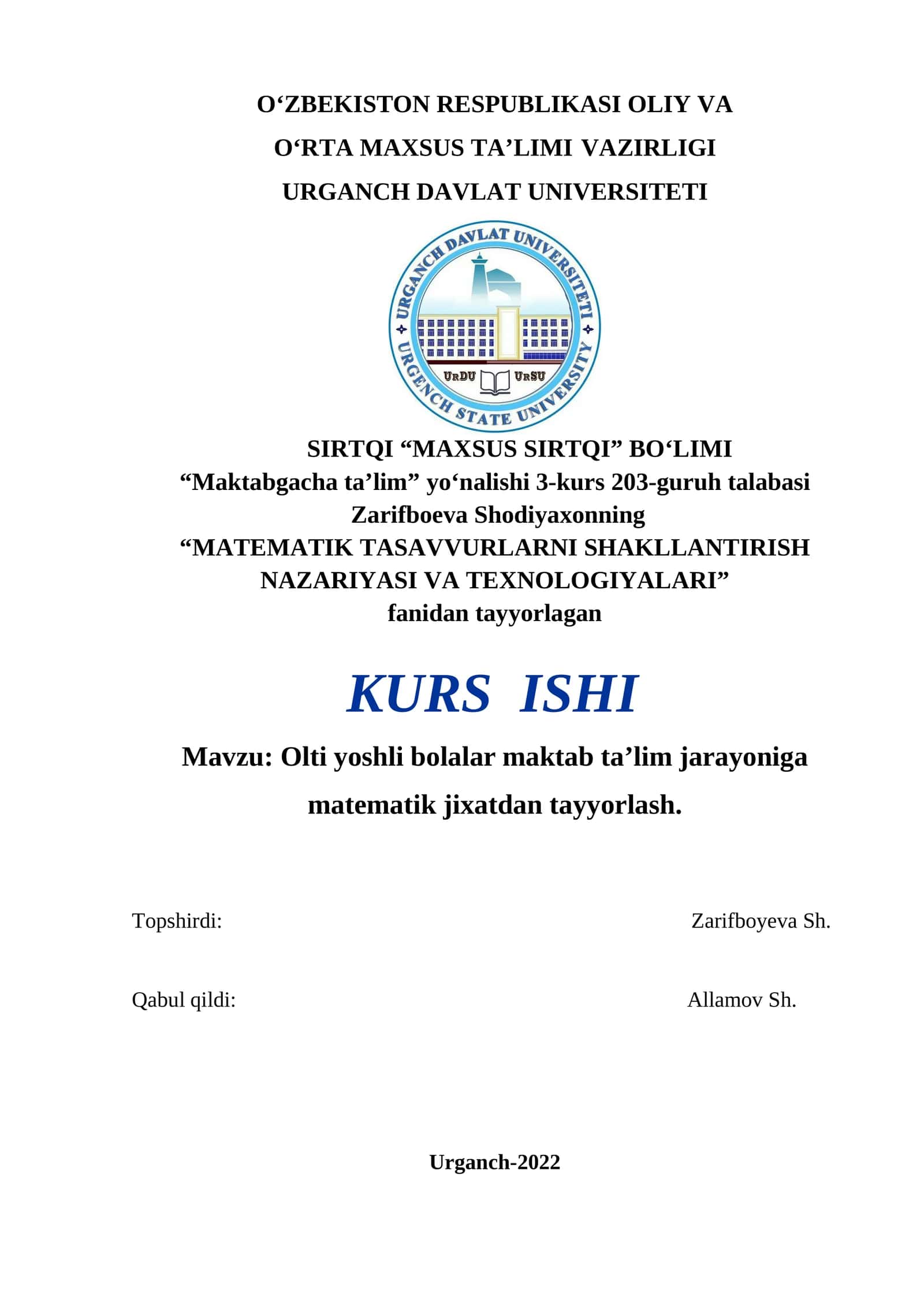 Olti yoshli bolalar maktab ta’lim jarayoniga matematik jixatdan tayyorlash 1
