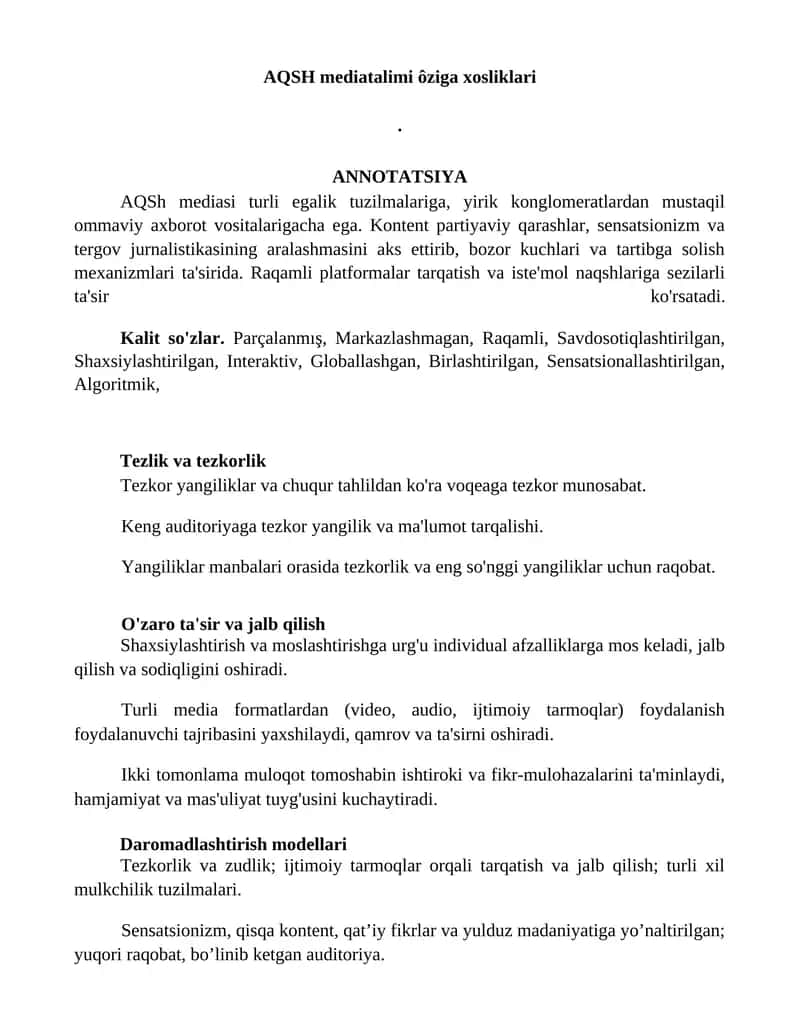AQSH mediatalimi ôziga xosliklari 1