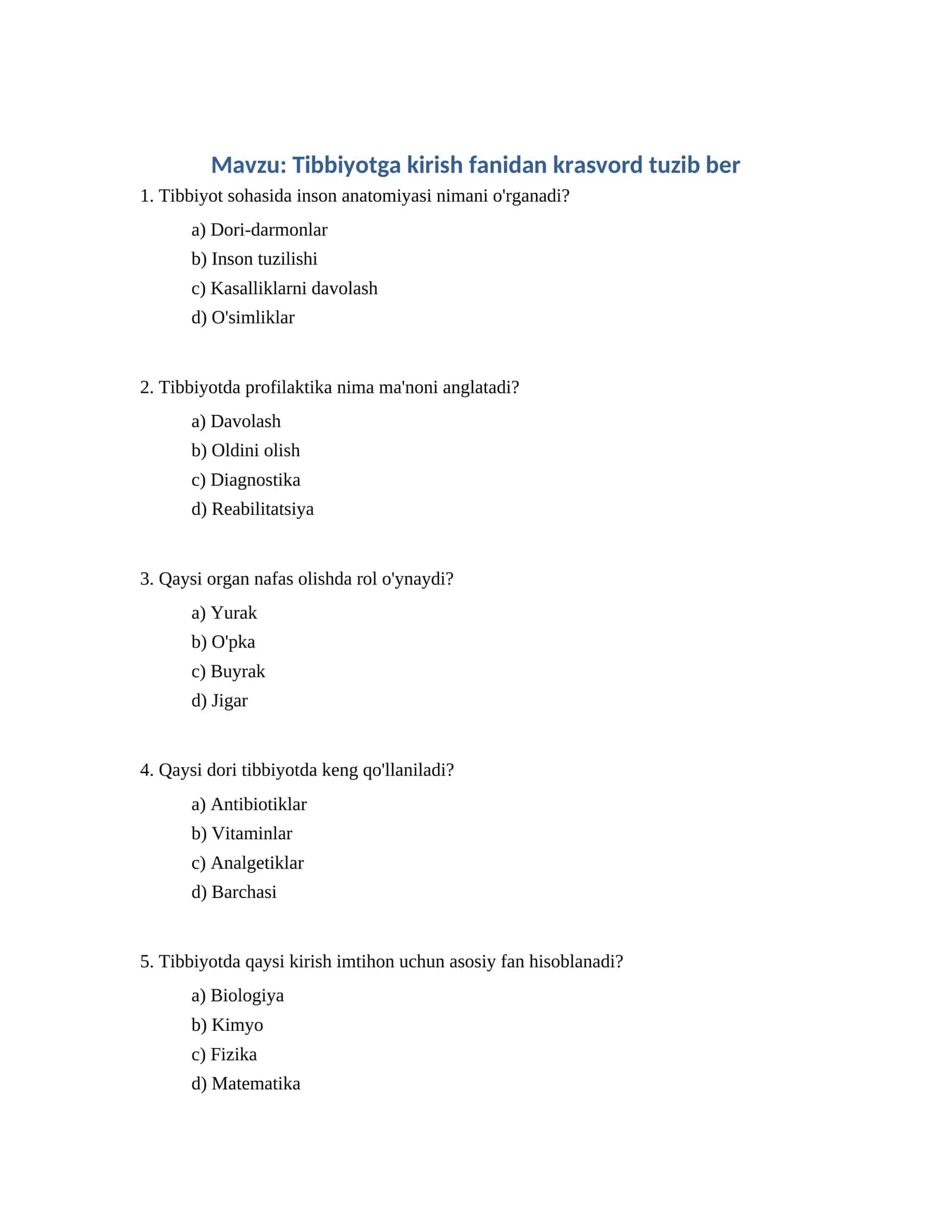 Tibbiyotga kirish fanidan krasvord tuzib ber 1