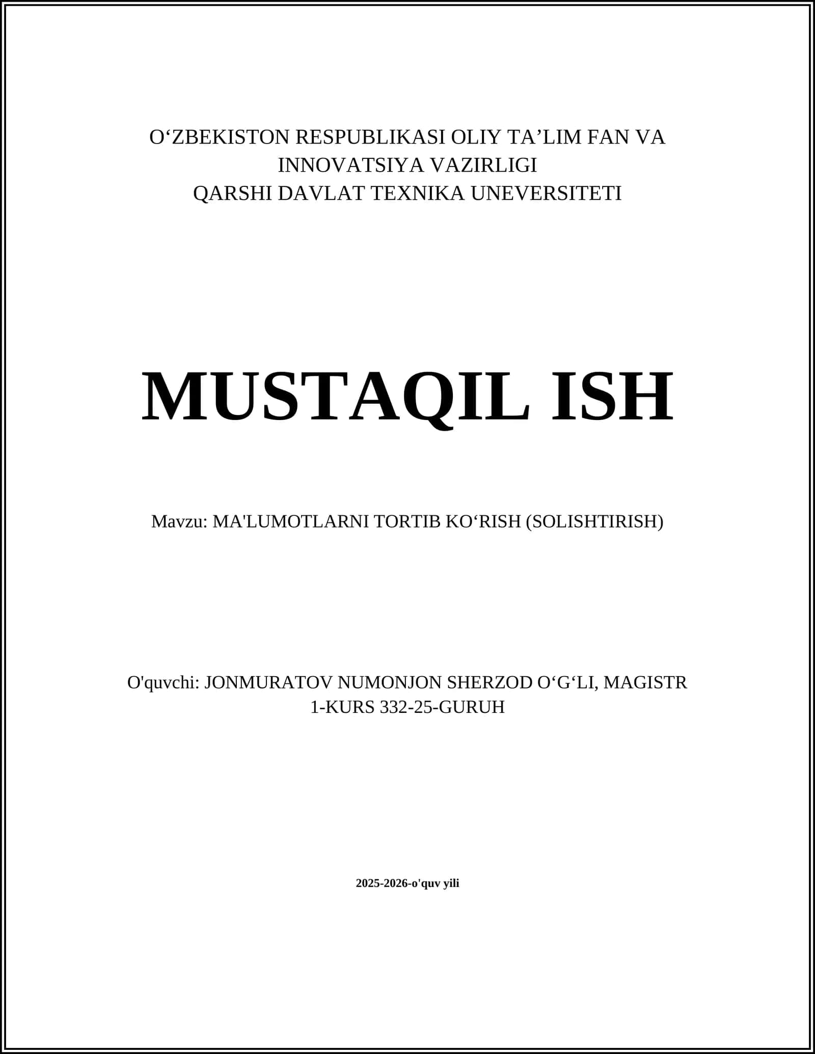 MA'LUMOTLARNI TORTIB KO‘RISH (SOLISHTIRISH) 1