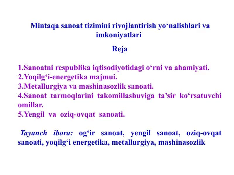 Mintaqasanoat tizimini rivojlantirish yo‘nalishlari va imkoniyatlari 1