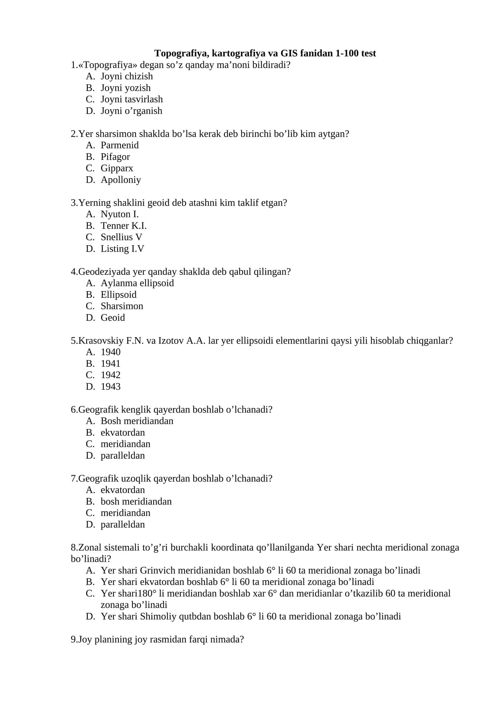 Topografiya, kartografiya va GIS fanidan 1-100 test 1
