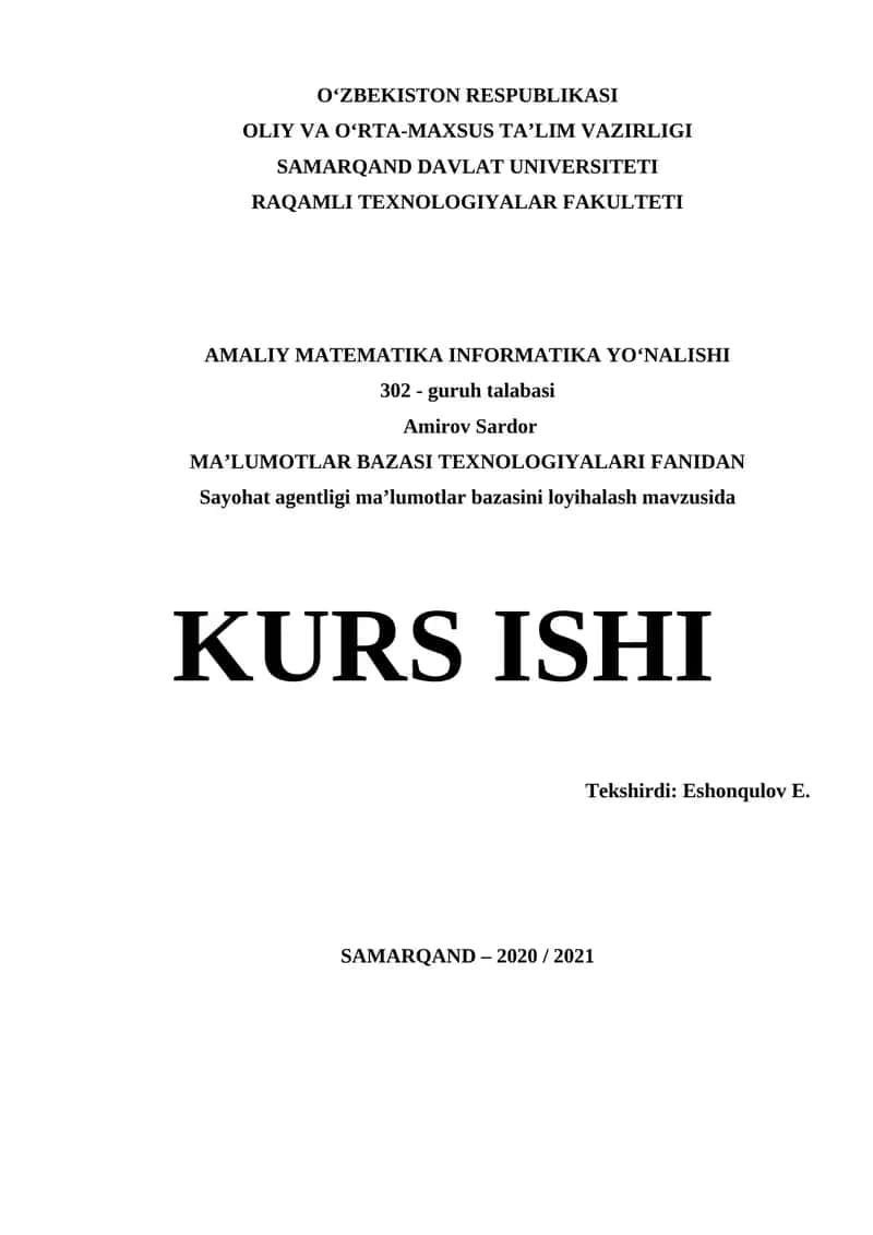 Sayohat agentligi ma’lumotlar bazasini loyihalash 1