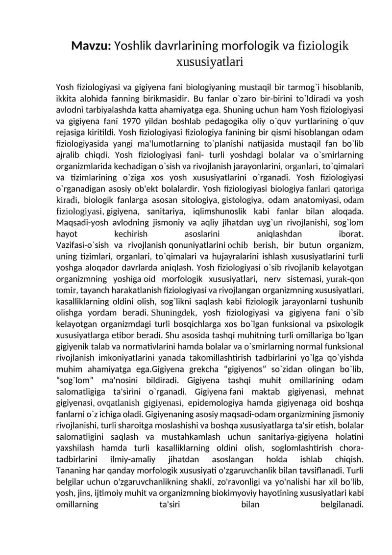 Yosh fiziologiyasi va gigiyena 1