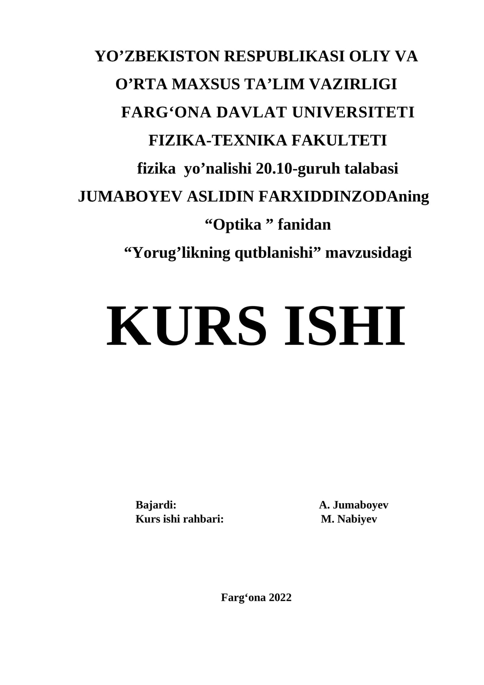 Optika. "Yorug’likning qutblanishi" mavzusidagi KURS ISHI 1