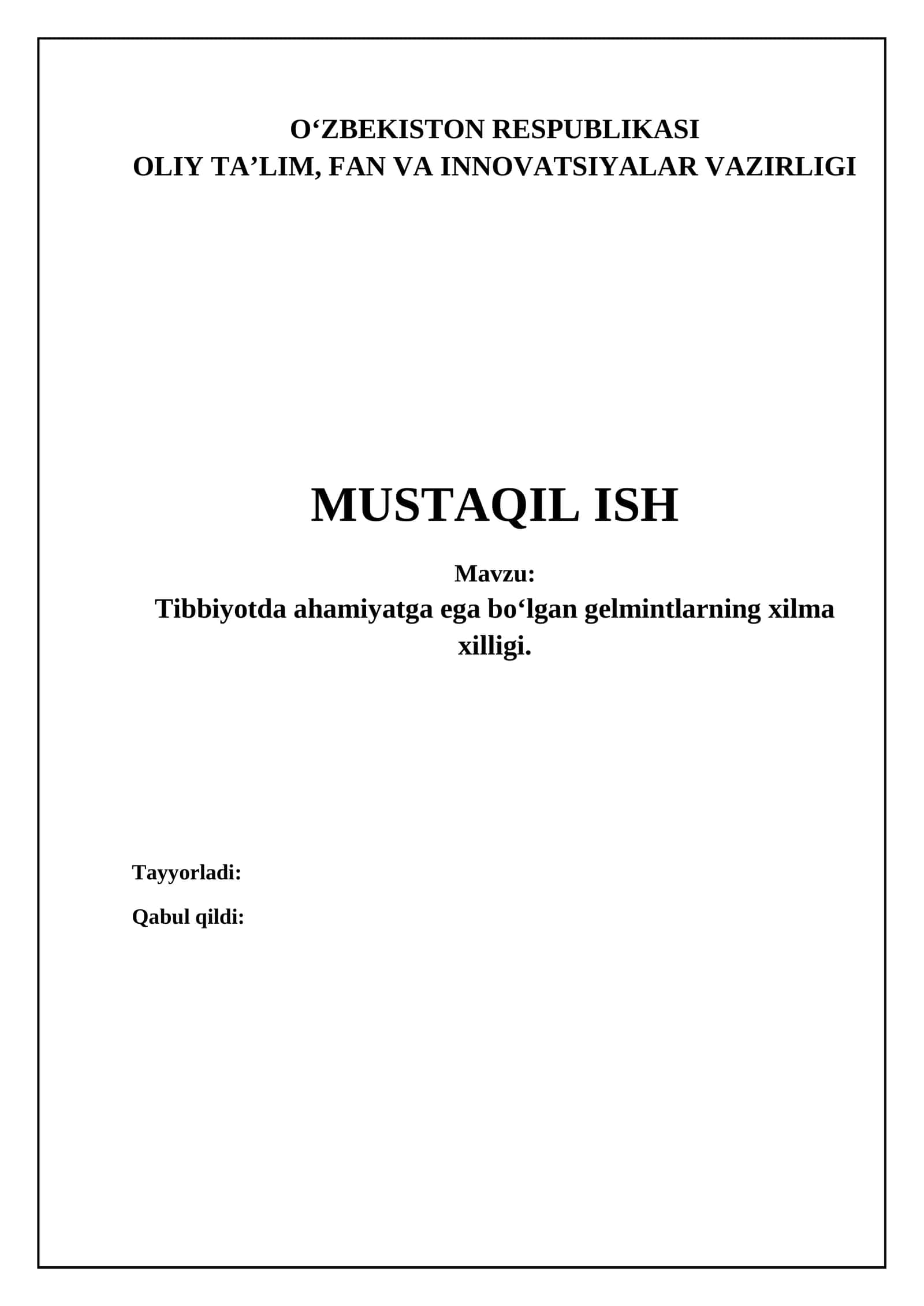 Tibbiyotda ahamiyatga ega boʻlgan gelmintlarning xilma xilligi 1