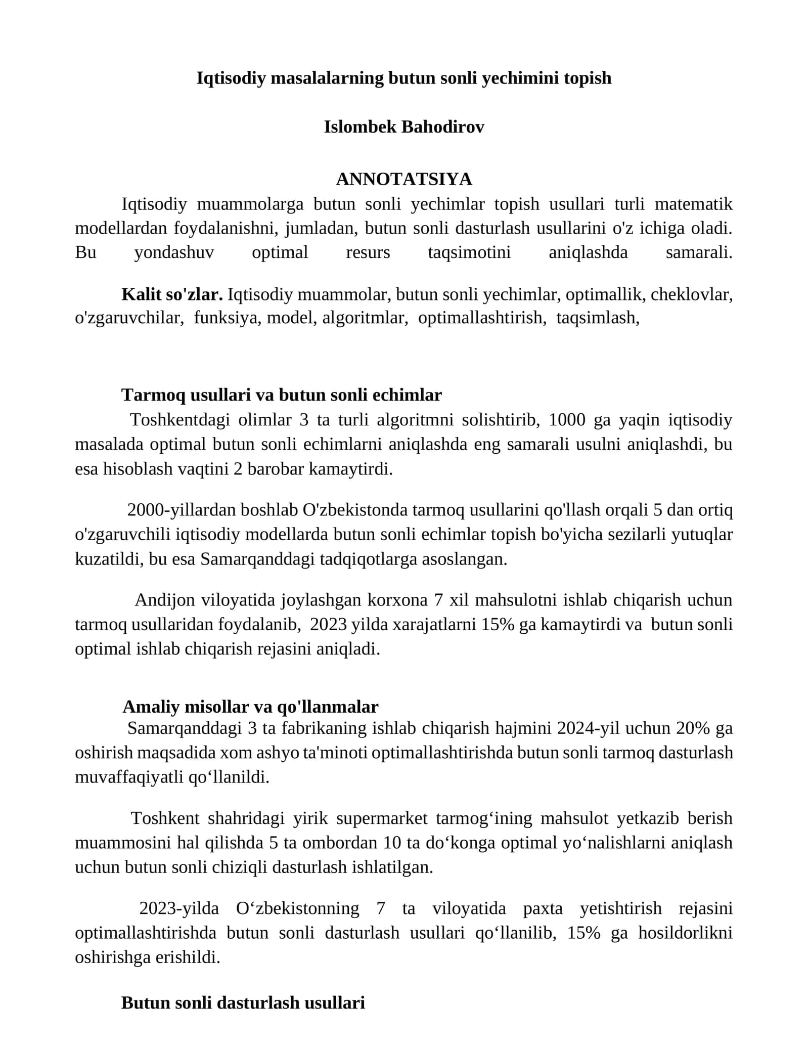 Tarmoq usullari va butun sonli echimlar 1