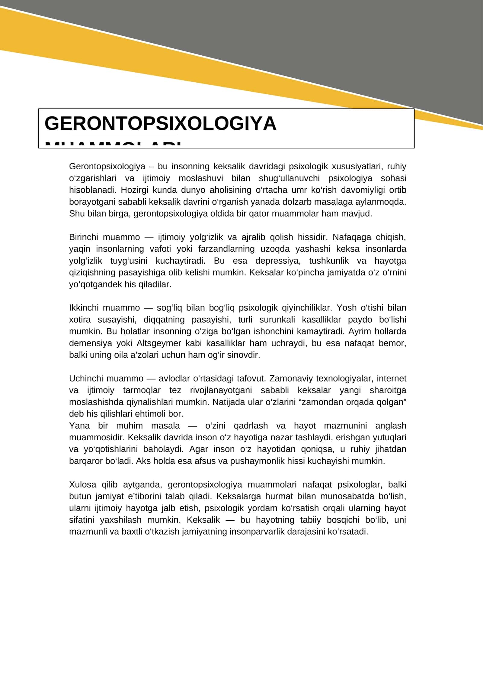 GERONTOPSIXOLOGIYA MUAMMOLARI 1