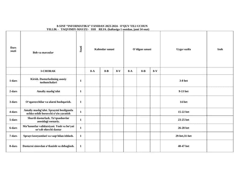 8-SINF “INFORMATIKA” FANIDAN 2023-2024- O’QUV YILI UCHUN YILLIK - TAQVIMIY- MAVZU- ISH REJA 1