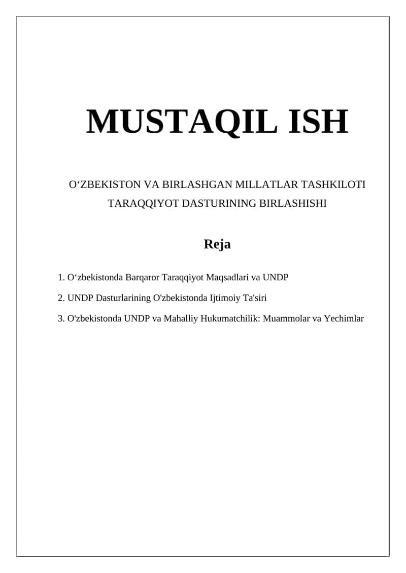 OʻZBEKISTON VA BIRLASHGAN MILLATLAR TASHKILOTI TARAQQIYOT DASTURINING BIRLASHISHI 1