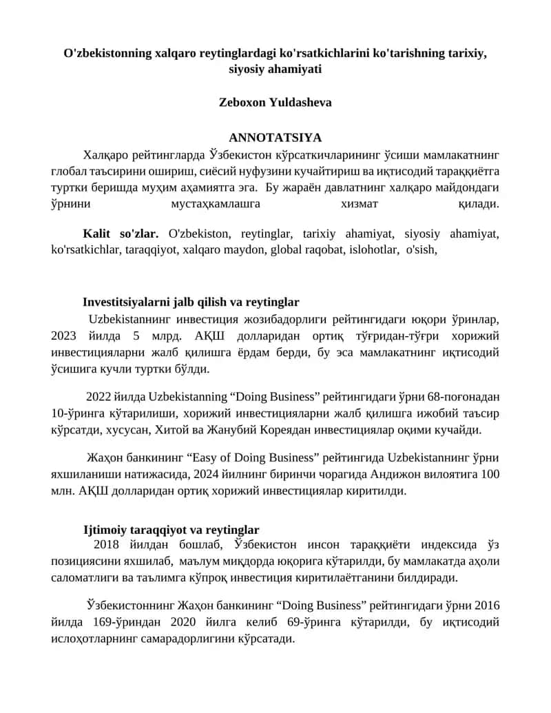 O'zbekistonning xalqaro reytinglardagi ko'rsatkichlarini ko'tarishning tarixiy, siyosiy ahamiyati 1