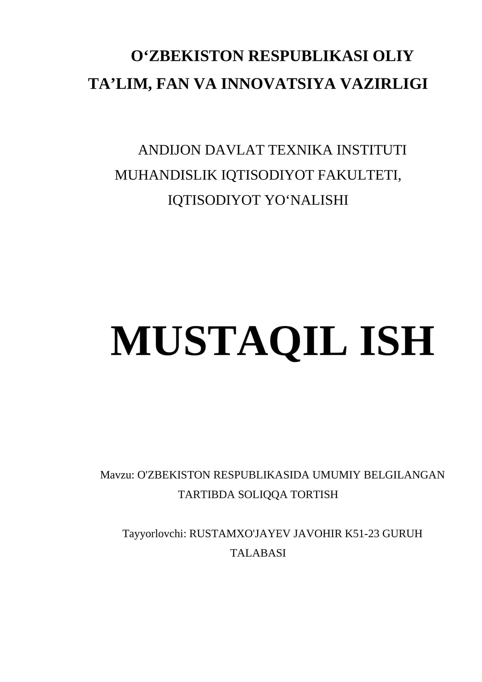O'ZBEKISTON RESPUBLIKASIDA UMUMIY BELGILANGAN TARTIBDA SOLIQQA TORTISH 1