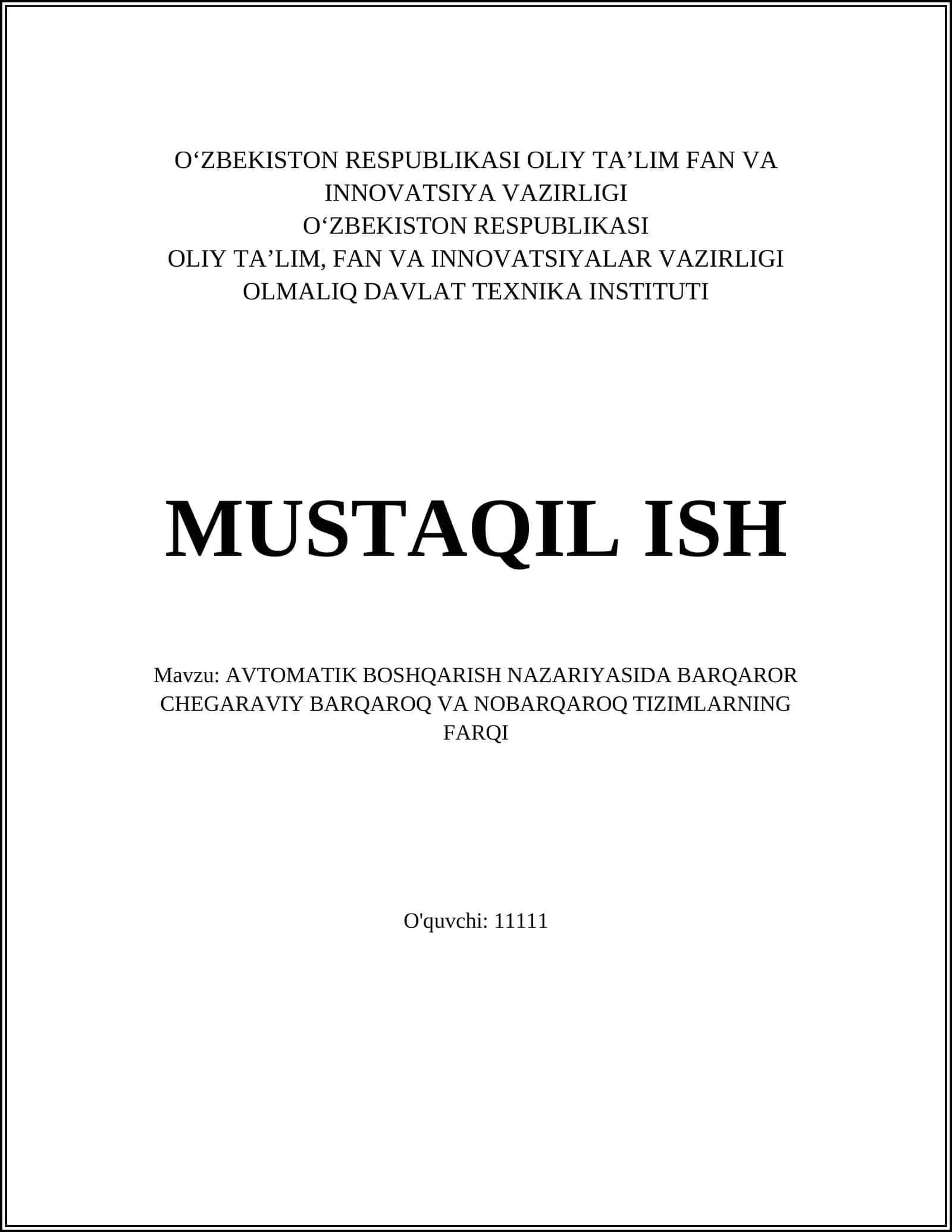 AVTOMATIK BOSHQARISH NAZARIYASIDA BARQAROR CHEGARAVIY BARQAROQ VA NOBARQAROQ TIZIMLARNING FARQI 1