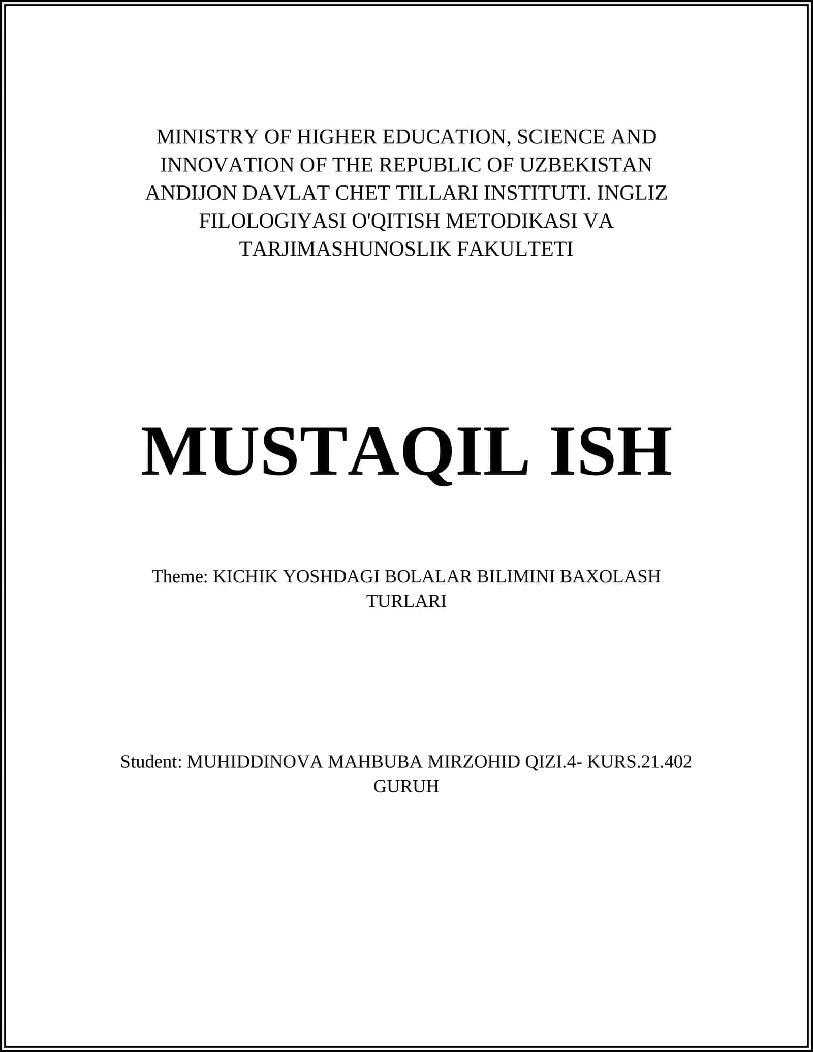 KICHIK YOSHDAGI BOLALAR BILIMINI BAXOLASH TURLARI 1