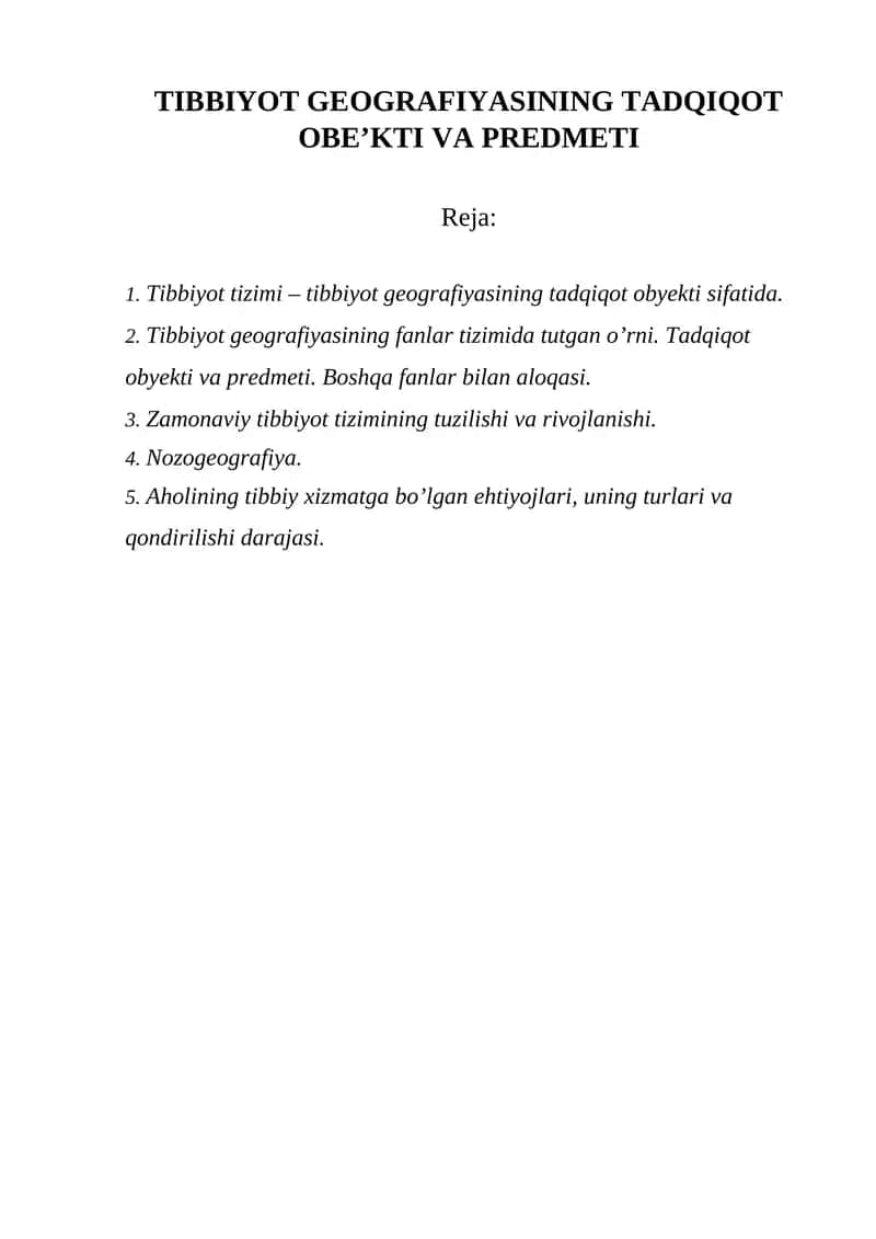 Tibbiyot Geografiyasi Tadqiqot Obyekti va Predmeti 1