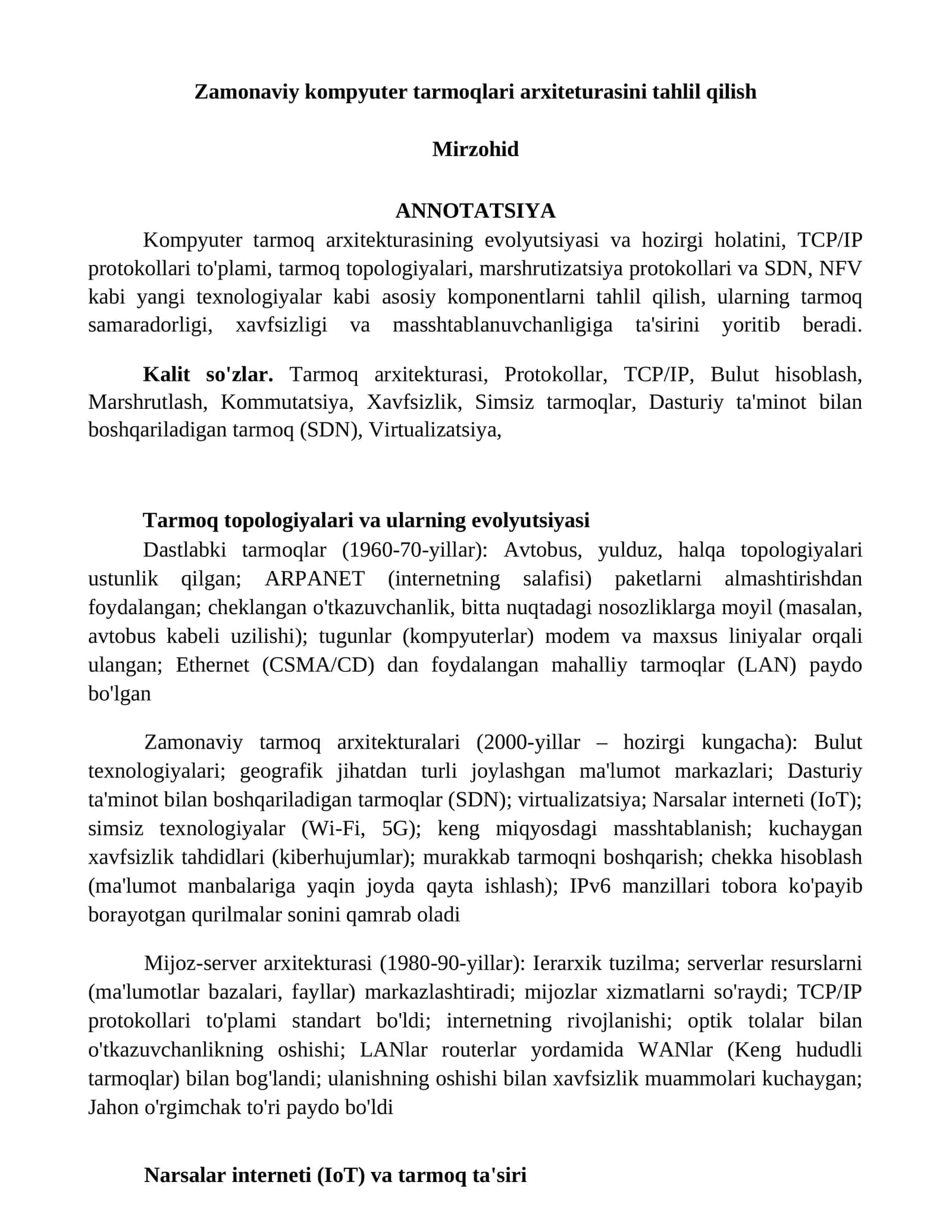 Kompyuter tarmoqlari arxiteturasini tahlil qilish 1