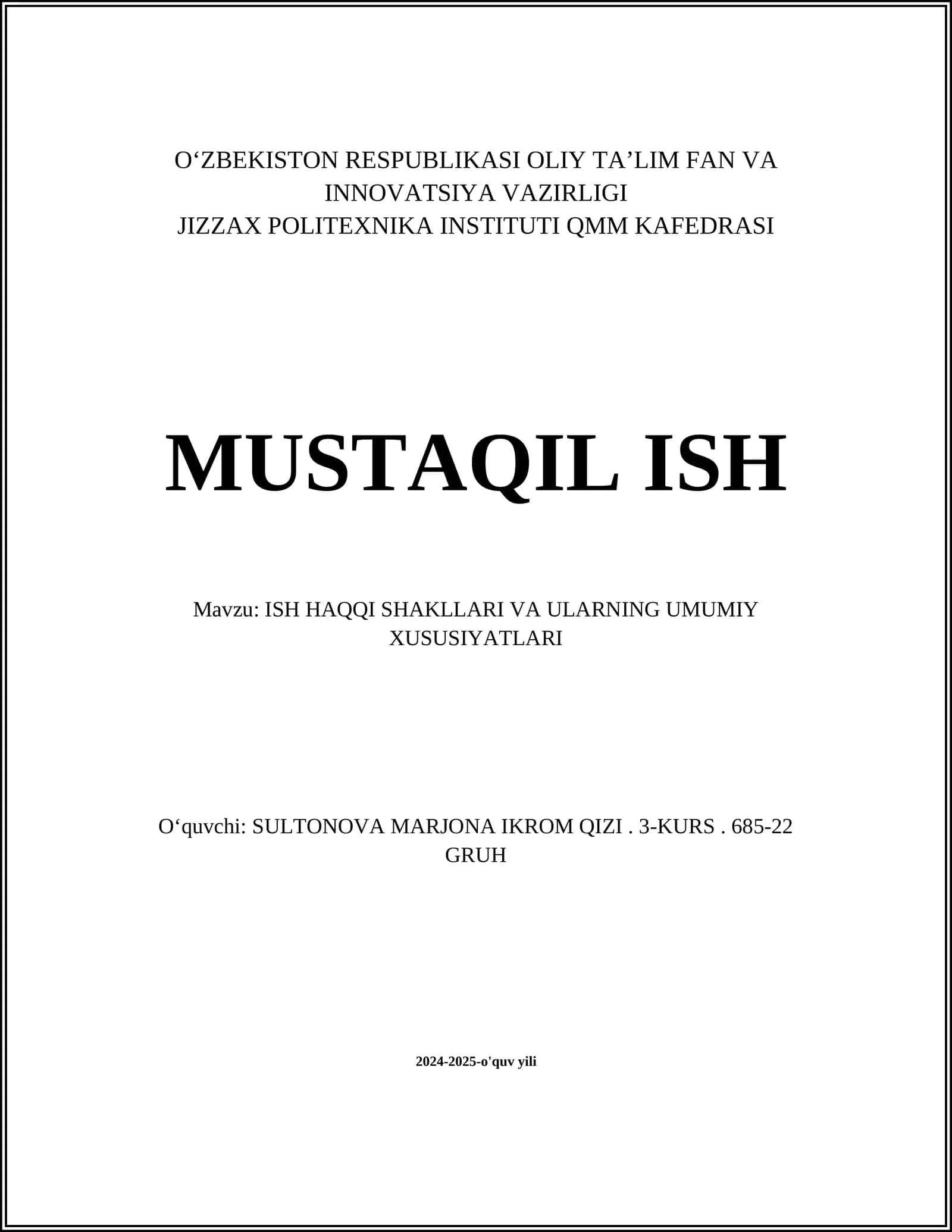 ISH HAQQI SHAKLLARI VA ULARNING UMUMIY XUSUSIYATLARI 1