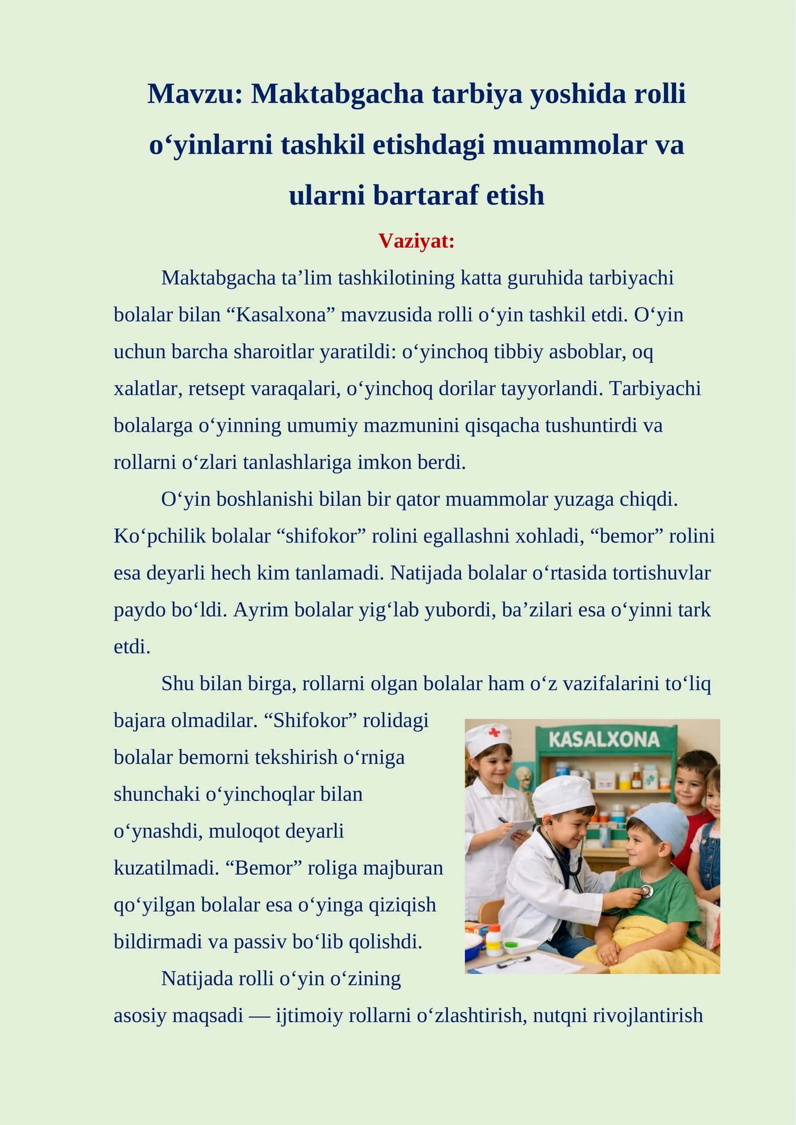 Maktabgacha tarbiya yoshida rolli o‘yinlarni tashkil etishdagi muammolar va ularni bartaraf etish 1