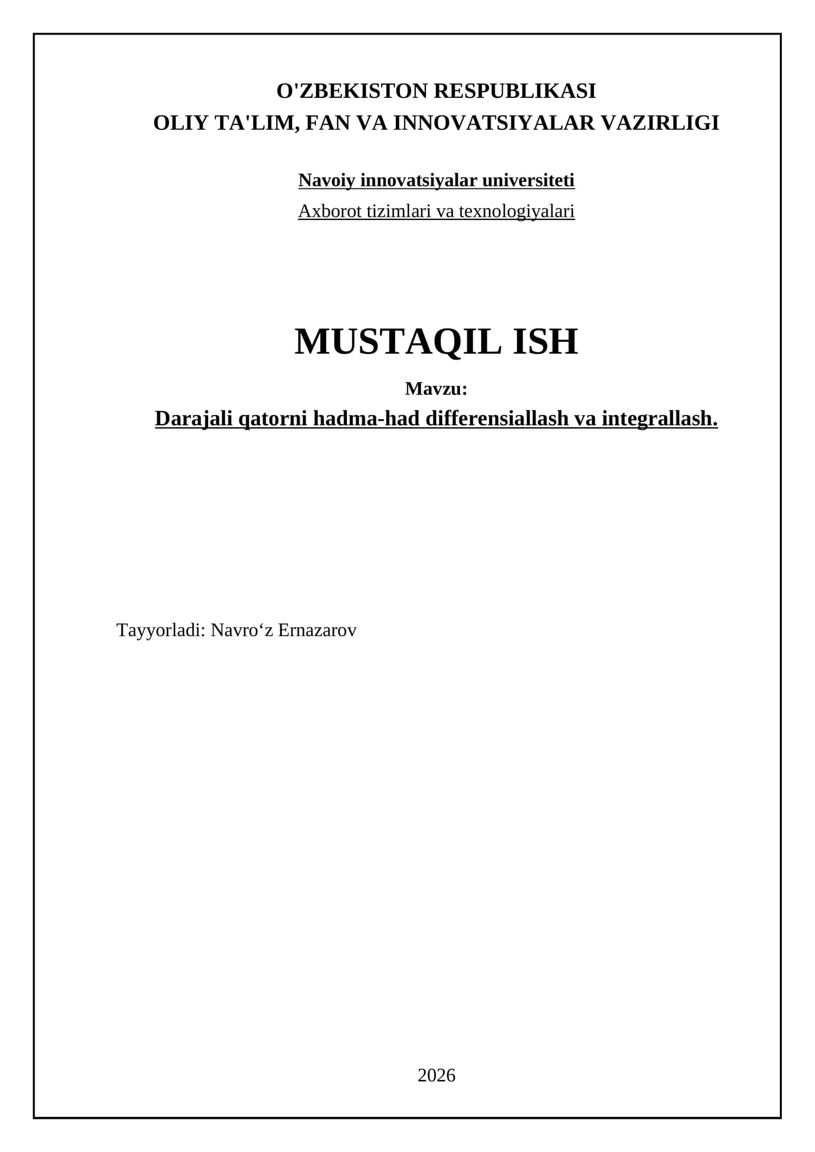 Darajali qatorni hadma-had differensiallash va integrallash 1