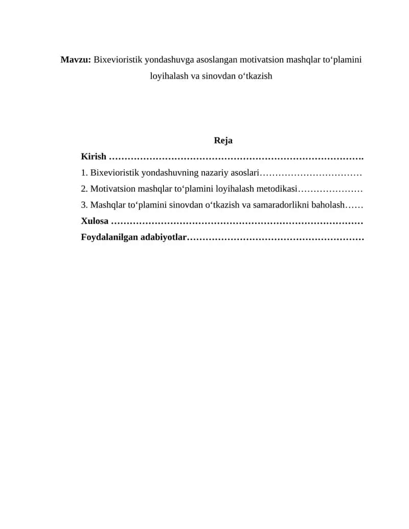 Bixevioristik yondashuvga asoslangan motivatsion mashqlar to‘plamini loyihalash va sinovdan o‘tkazish 1