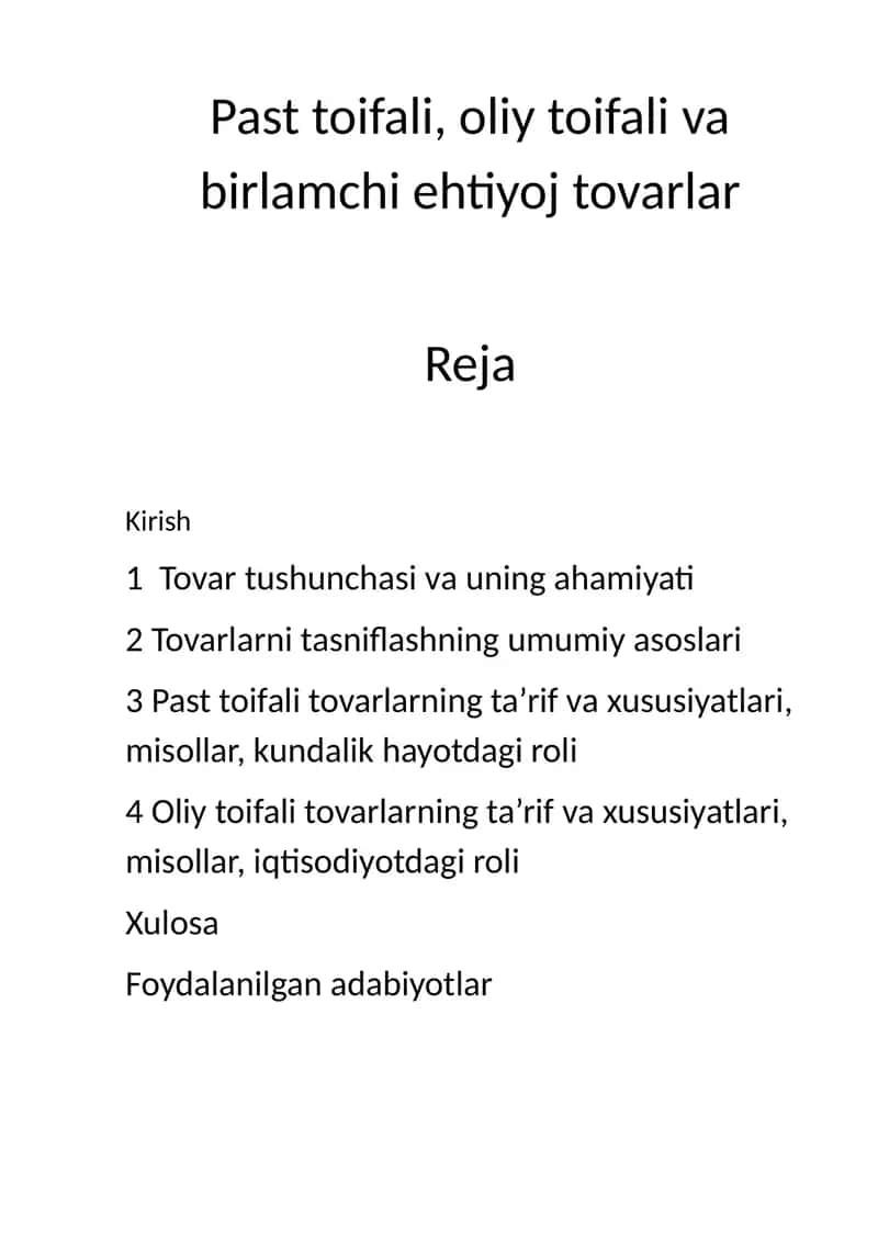 Past toifali, oliy toifali va birlamchi ehtiyoj tovarlar 1