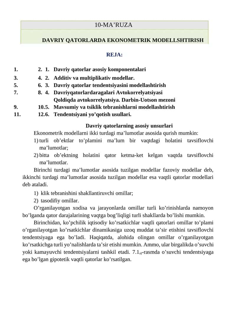 DAVRIY QATORLARDA EKONOMETRIK MODELLSHTIRISH 1