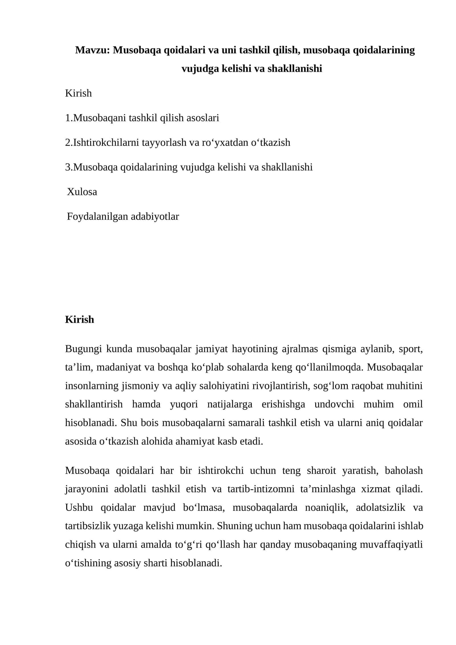 Musobaqa qoidalari va uni tashkil qilish 1