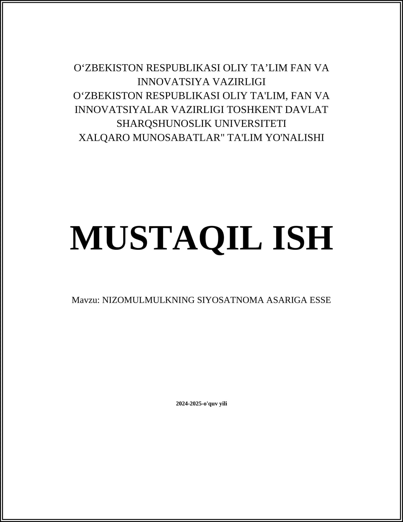 NIZOMULMULKNING SIYOSATNOMA ASARIGA ESSE 1