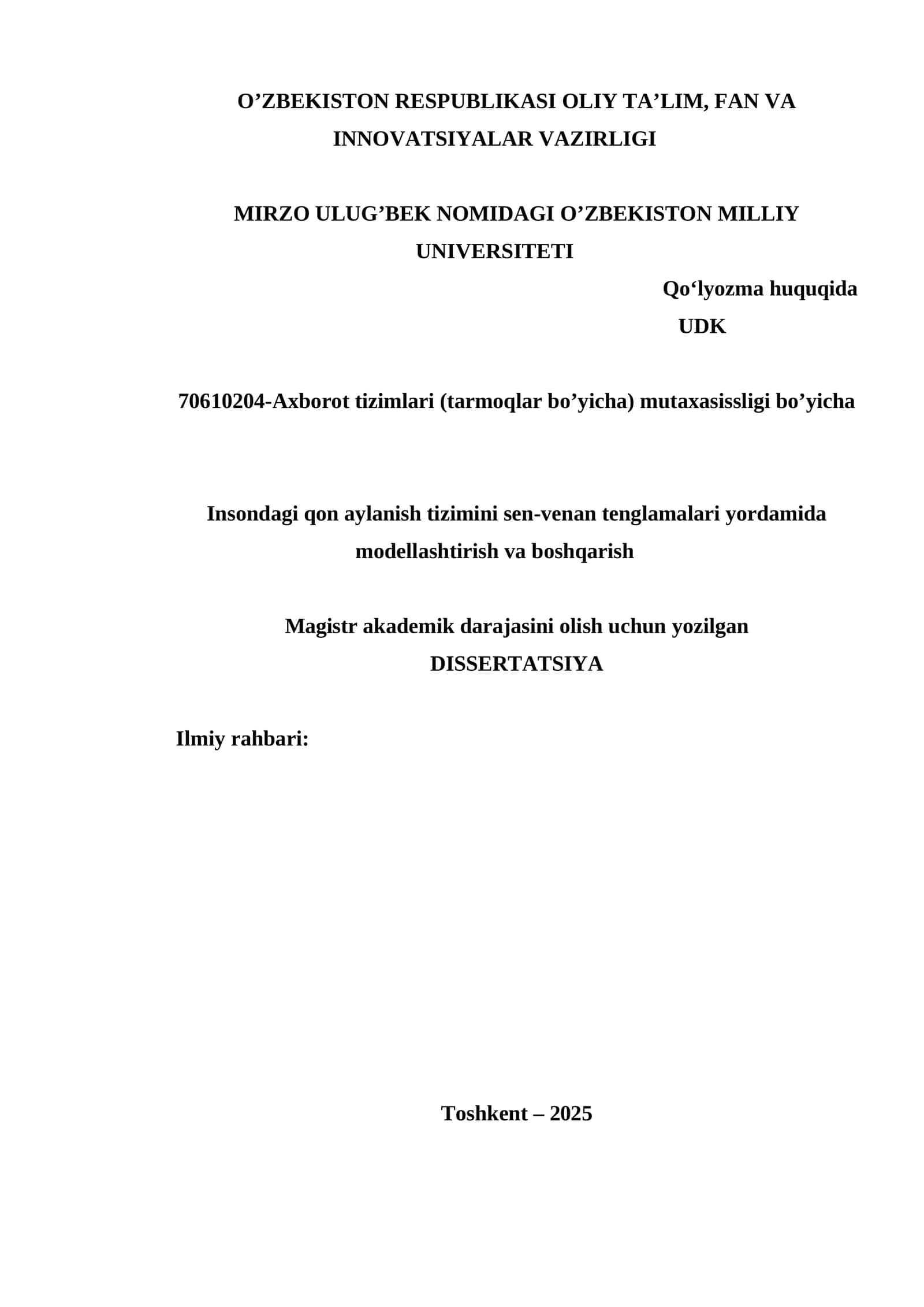 Insondagi qon aylanish tizimini sen-venan tenglamalari yordamida modellashtirish va boshqarish 1