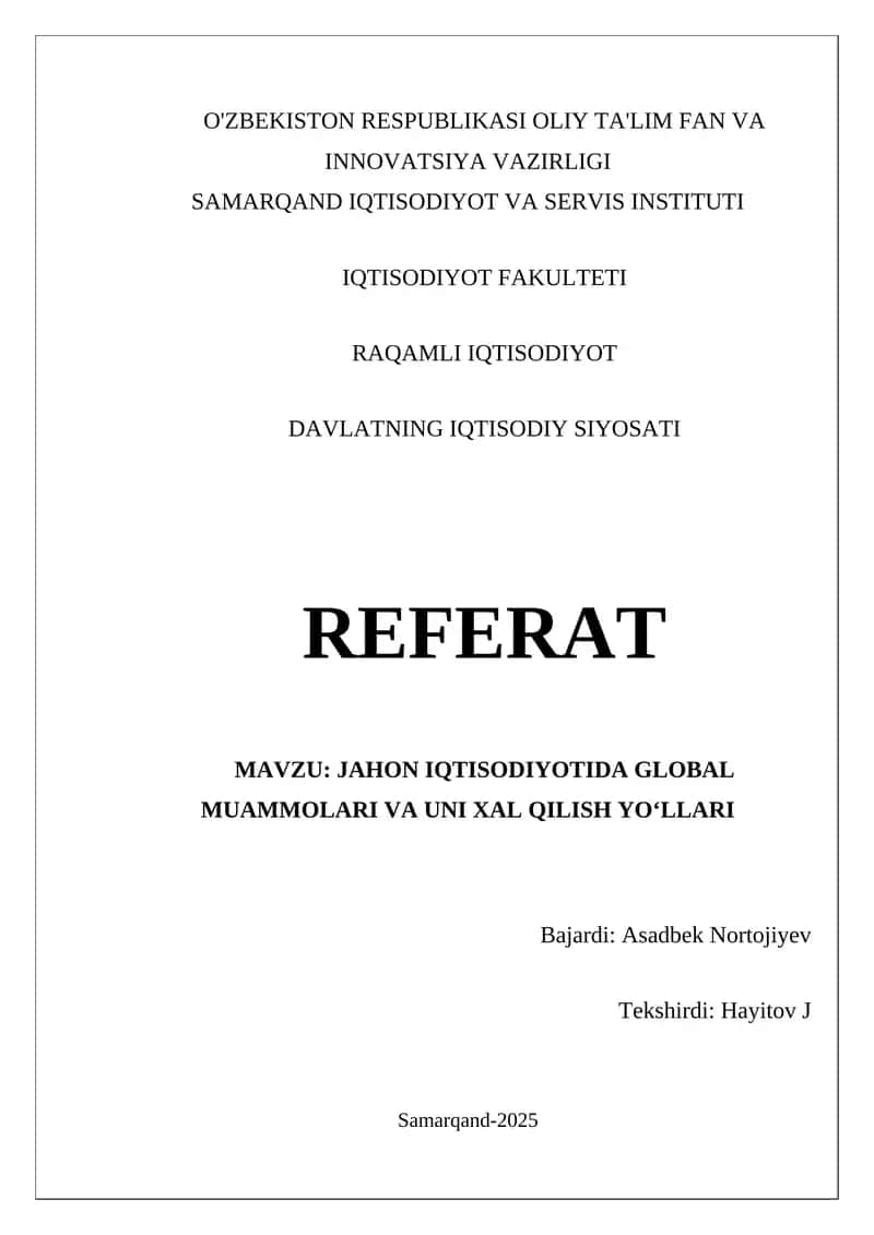 DAVLATNING IQTISODIY SIYOSATI REFERAT 1