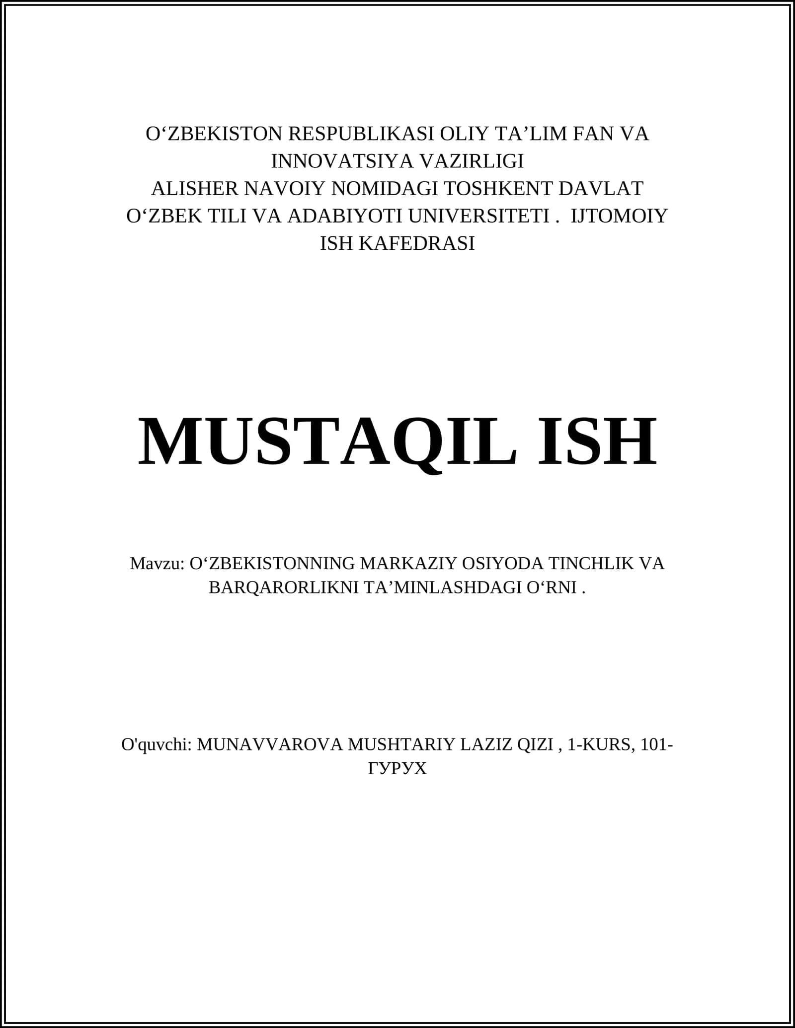 Oʻzbekistonning Markaziy Osiyoda Tinchlik va Barqarorlikni Taʼminlash Kursi 1