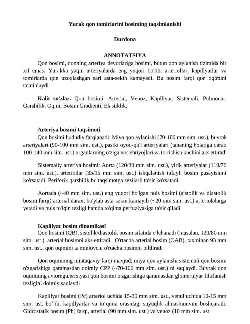 Yurak qon tomirlarini bosiming taqsimlanishi